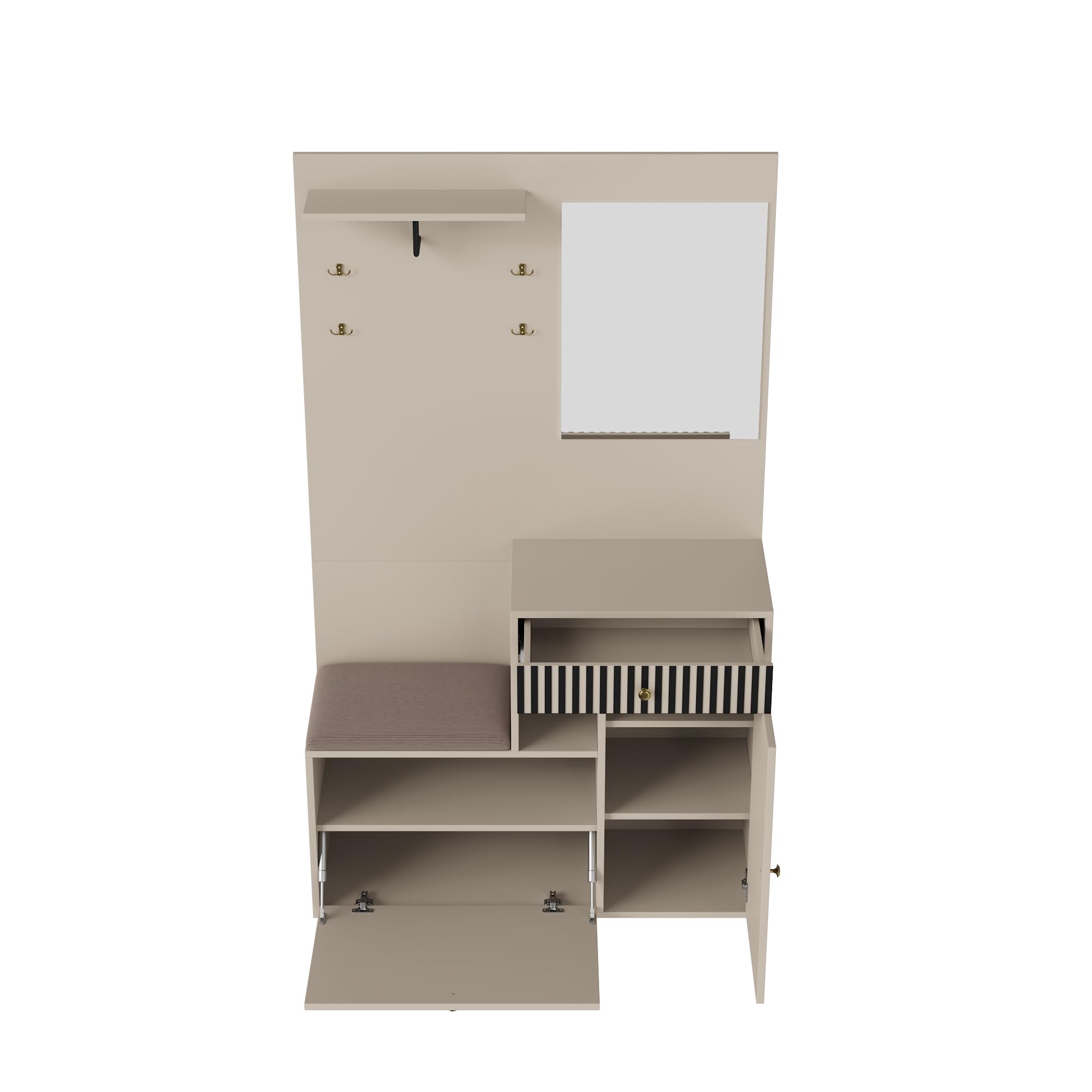 Set di appendiabiti compatto con specchio e cuscini imbottiti, armadio per corridoio, parete del soggiorno, scaffale, pannelli per appendiabiti da corridoio e soggiorno, scarpiera, 110 x 185,5