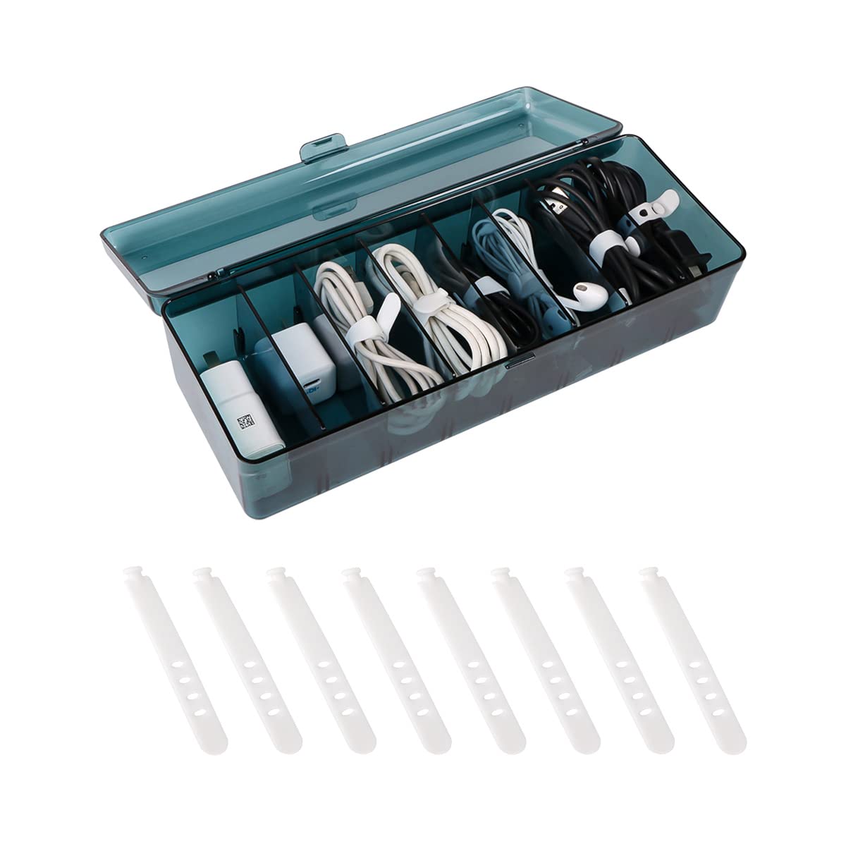 Tonxus Plastic Cable Management Box with 8 Wire Ties,Clear Power Cord Organizer with 8 Compartments,Detachable Electronics Organizer for Office,Desk Accessories Storage for Stationery Supplies (Blue)