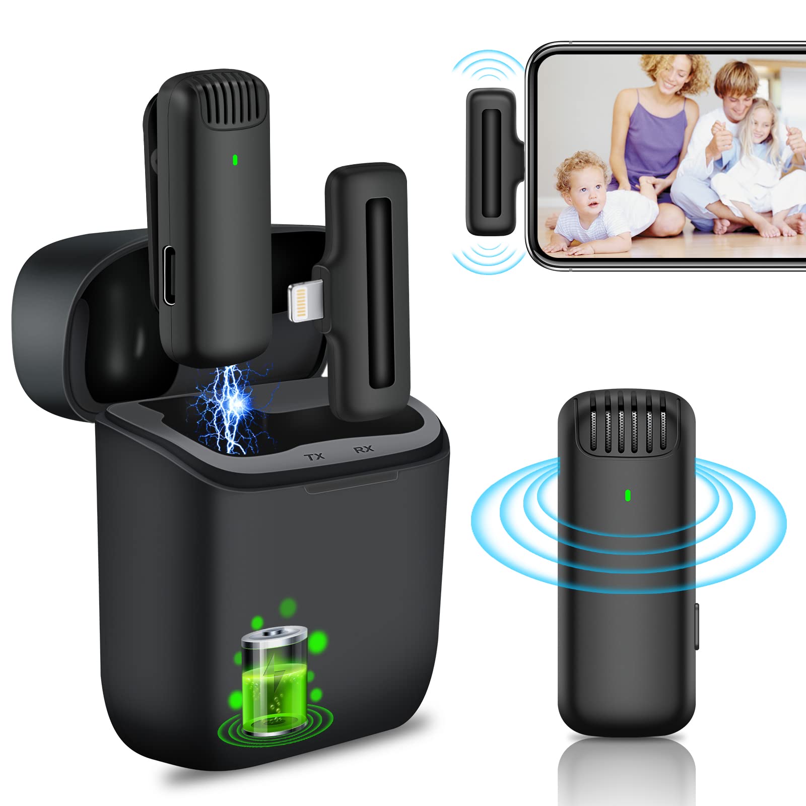 Wireless Lavalier Microphone Compatible for iPhone iPad with Charging Case, Plug-Play Mini Lapel Mic for YouTube, Video Recording,Facebook Live Stream,Tiktok, Vlog,Interview,Noise Reduction,Auto-Syncs