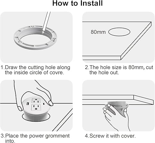 Miniatura 3 de Ojal de alimentación de escritorio USB C total 30 W, PD carga rápida regleta de alimentación de escritorio 2 tomacorrientes 2 puertos USB empotrados