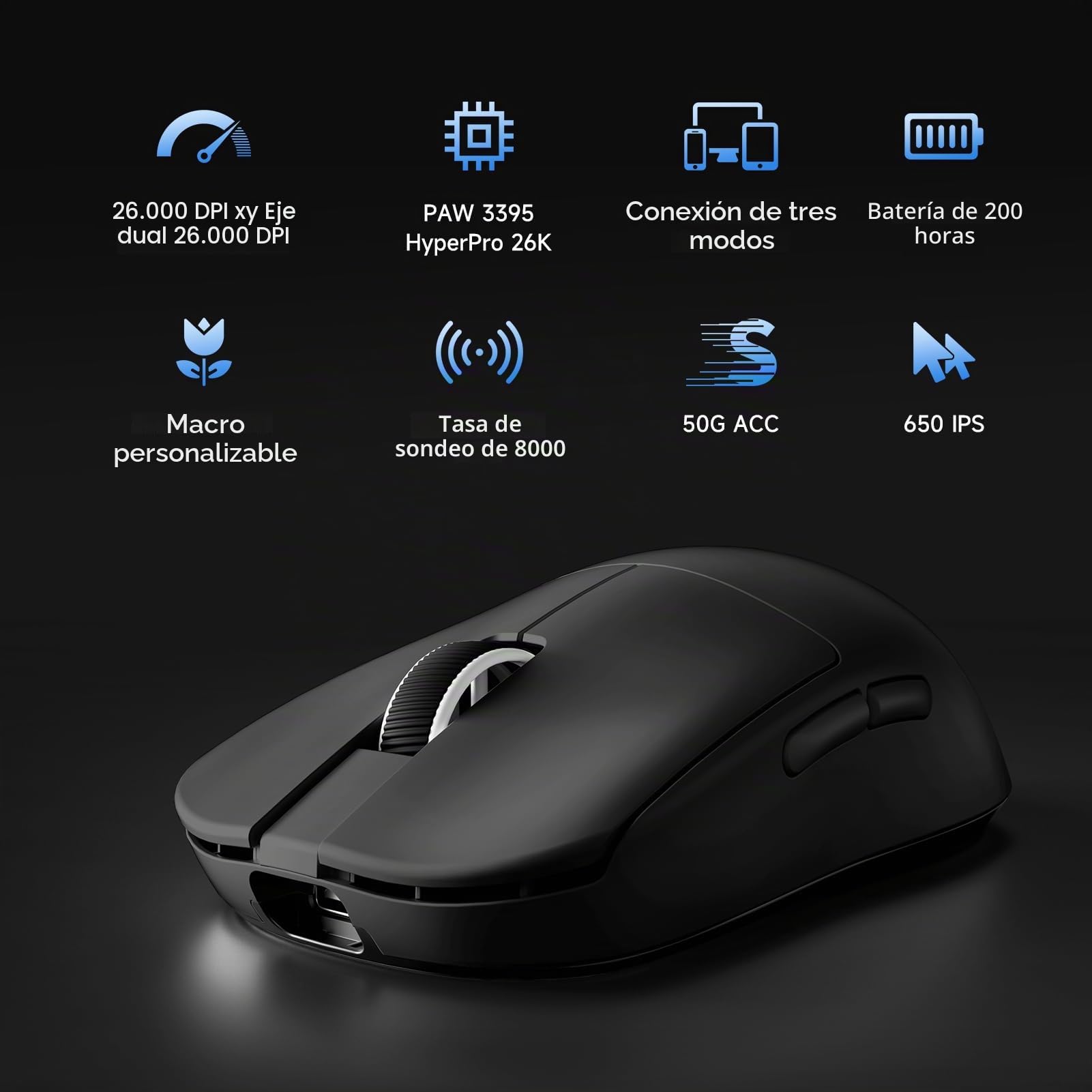 MCHOSE L7 Pro Ratón Gaming Inalámbrico - Ratón Ultraligero de 39g, 8000Hz de Frecuencia de Actualización Inalámbrica, 2,4G/BT/USB-C con Cable, 26000 dpi, 650 IPS, 200 Horas de Batería, Negro