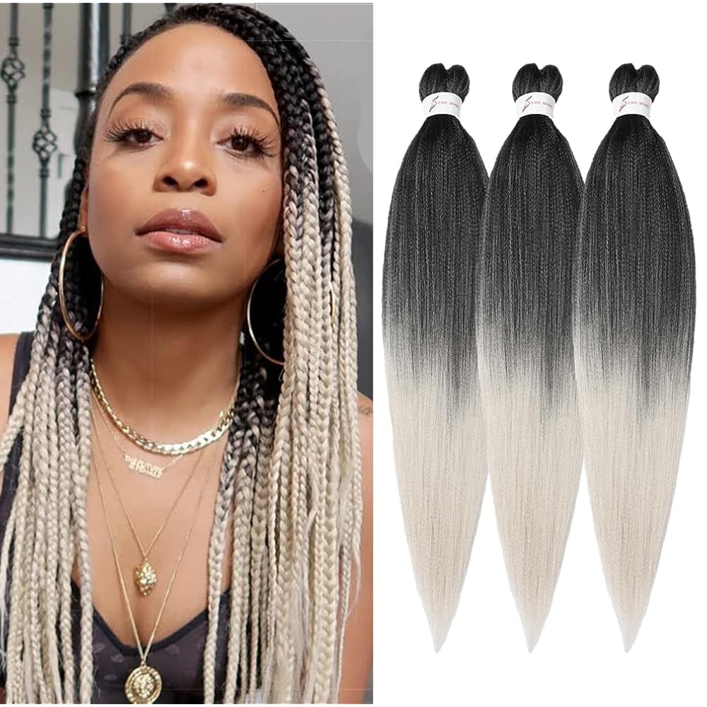 Braiding Hair Pre Stretched 24 Inch 3 Packs Ombre Gray Braiding Hair Yaki Texture, Hot Water Setting, Easy To Install Professional Synthetic Hair Extensions (24in,1B/Silver)