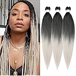 Braiding Hair Pre Stretched 24 Inch 3 Packs Ombre Gray Braiding Hair Yaki Texture, Hot Water Setting, Easy To Install Professional Synthetic Hair Extensions (24in,1B/Silver)
