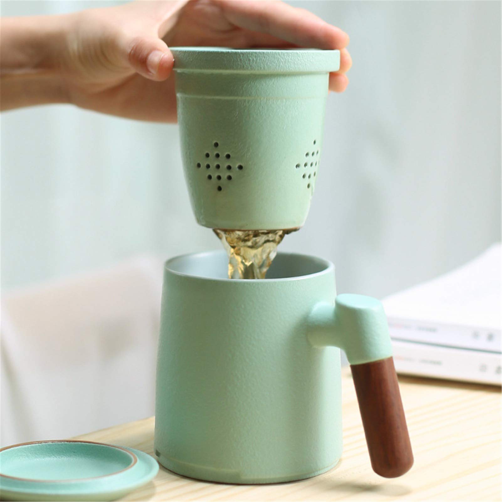 Teetasse Mit Deckel Sieb Und Holzgriff Porzellan Teebecher, 400ml Plastikfrei Cup Keramikbecher Set Zum Einweichen Von Tee, Für Büro Zuhause Oder Geschenk (Hellgrün)