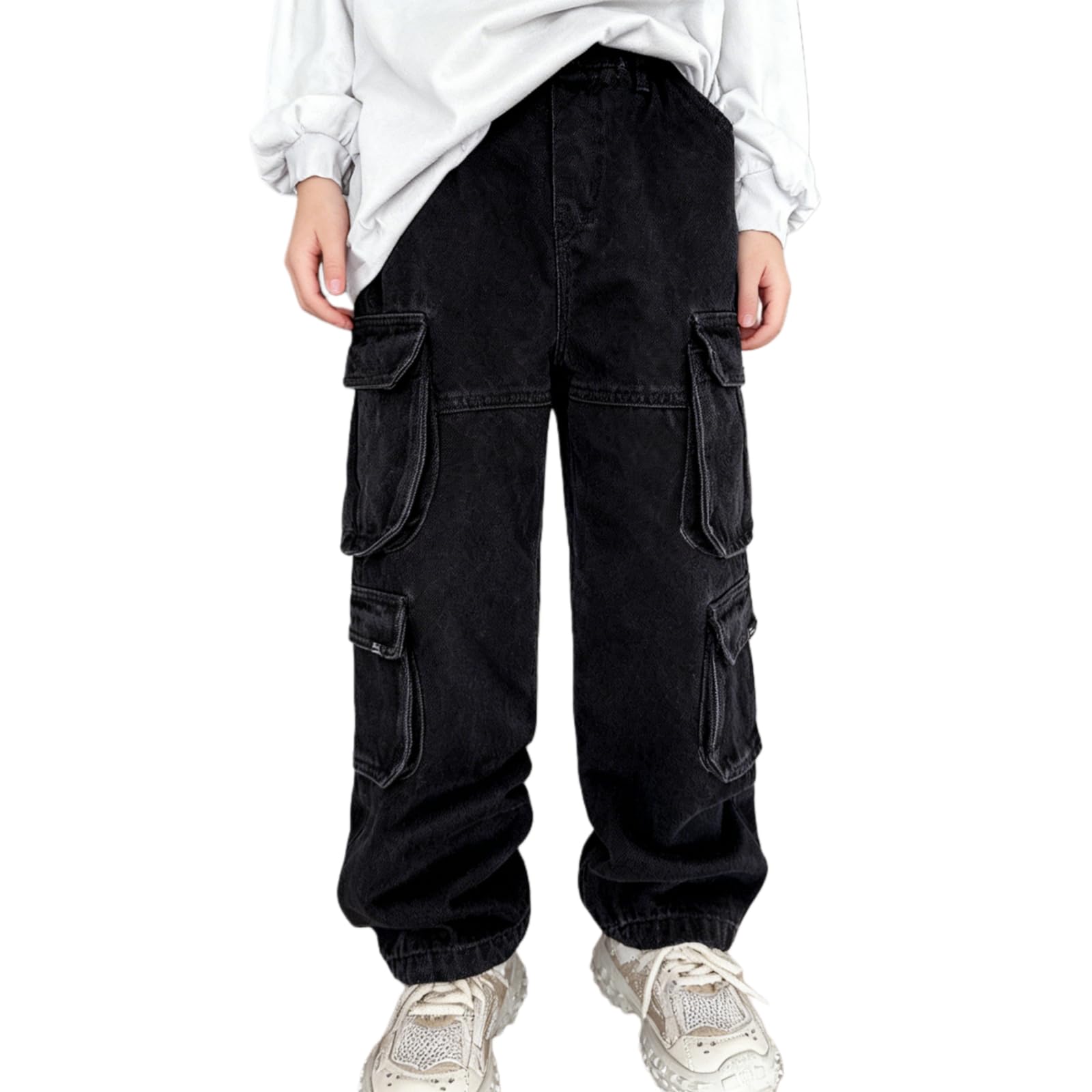 Rolanko Jeans Larghi per Ragazzi, Gamba Larga Vita Elastica Pantaloni Cargo in Denim con Tasche per Bambini