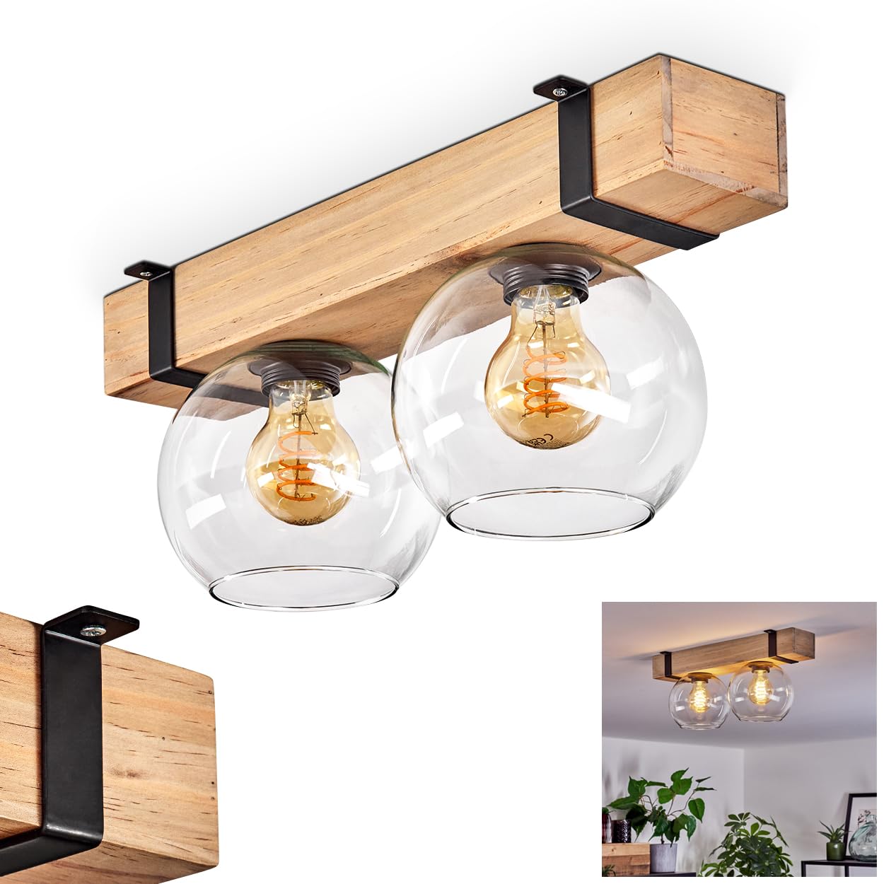 Hofstein Light/Black Montgomery Ceiling Ceiling Lamp Made Of Metal/Wood/Glass In Black/Natural/Clear, Scandinavian Design With Wooden Beams And Glass Shades (Ø 15 Cm), 2 X E27, Without Bulb