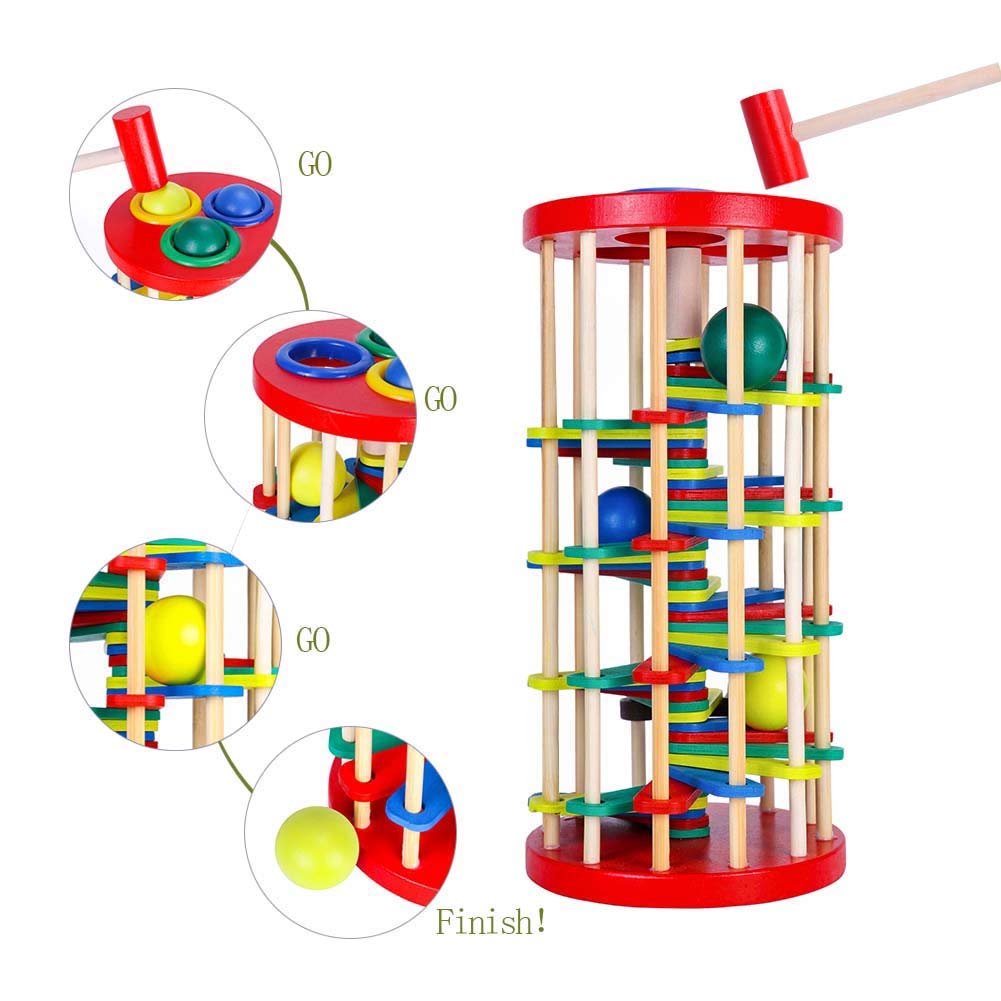 ROLENUNE Juguete de bola de madera para niños, martillo y rampa, juguete educativo Montessori, regalo para bebés y niños pequeños de 3, 4 y 5 años