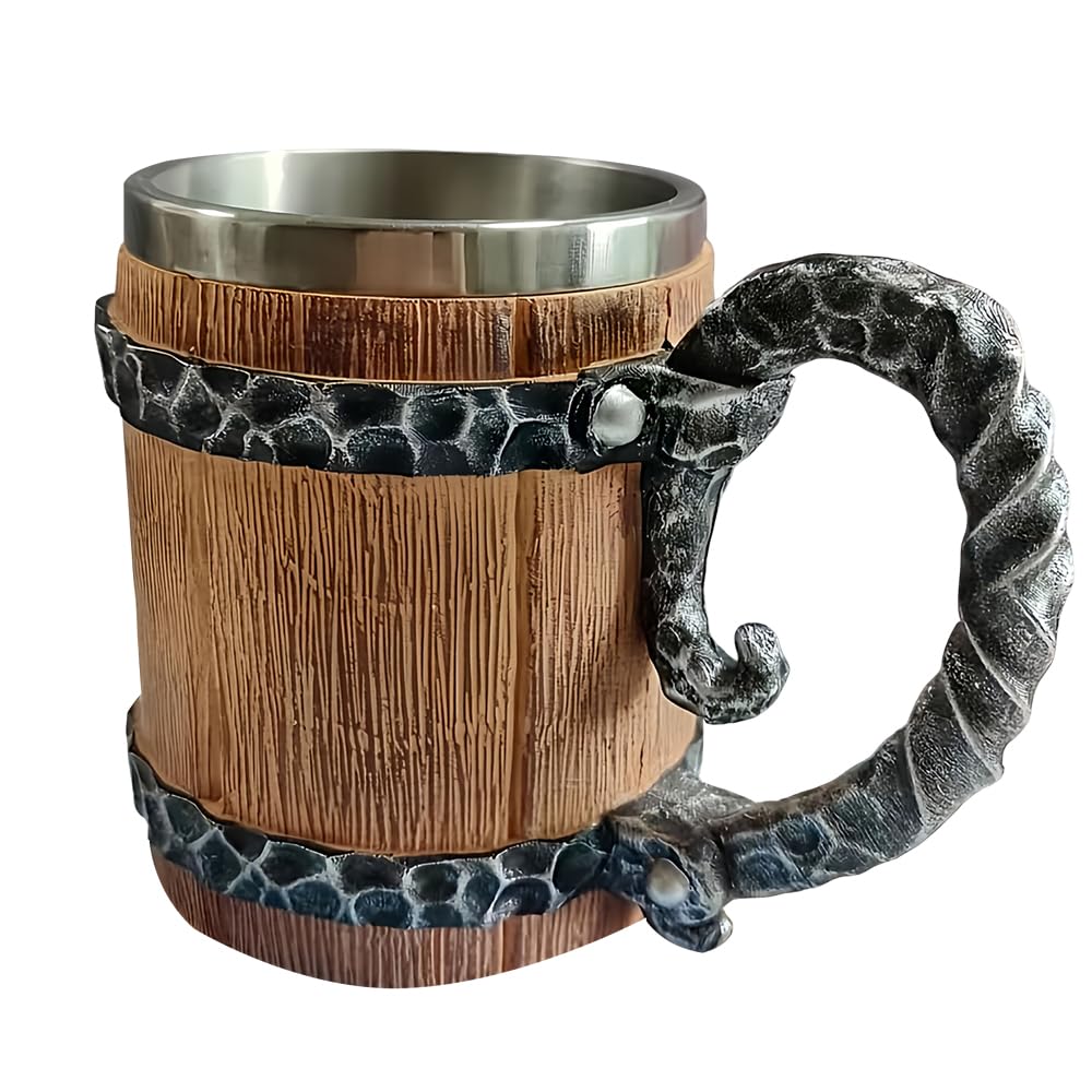 Holzkrug Mittelalter, Bierkrug Holz mit Edelstahl, 600ml Fass Retro Krug Holzfass, Beer Mug für Kaffee/Getränke/Saft, Geschenk für Männer, Vatertagsgeschenk