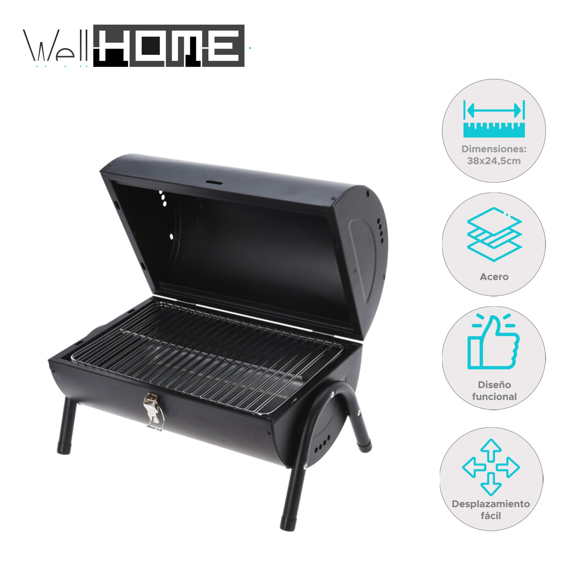 Barbacoa cilindro de metal negro mate con mango de madera y patas metálicas - Incluye 2 rejillas y 2 placas metálicas 38x24,5cm