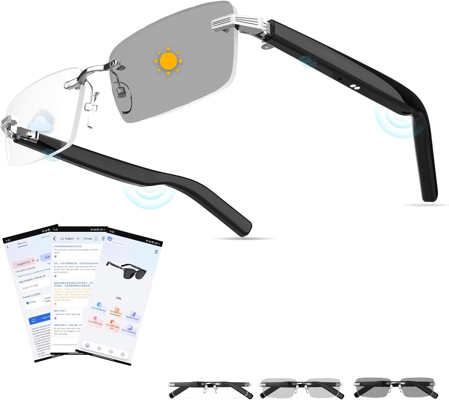 AI Smart Bluetooth Glasses for Men and Women with Chat GPT, Translation Glasses with 115 Languages and Rimless Photochromic Lens, Hands-Free Calls, UV Protection Translator Sunglasses for Music, work