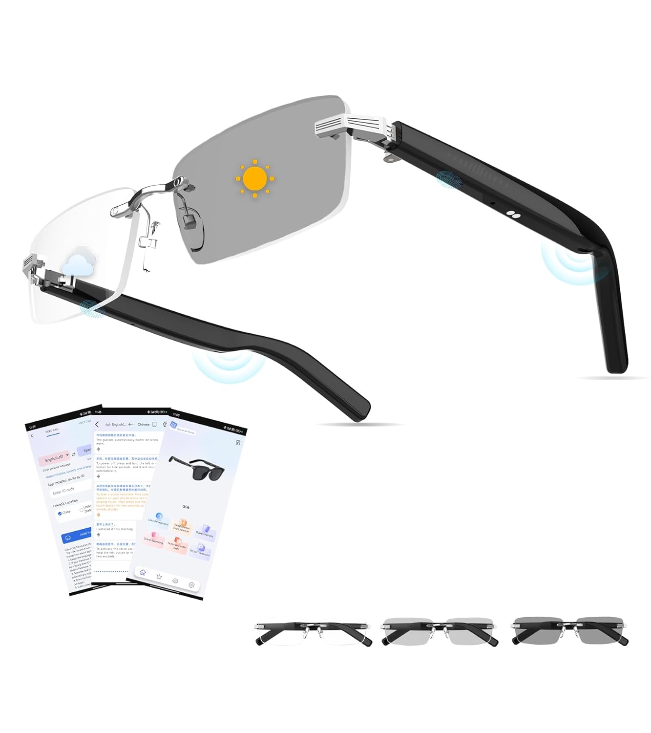 AI Smart Bluetooth Glasses for Men and Women with Chat GPT Translation Glasses with 115 Languages and Rimless