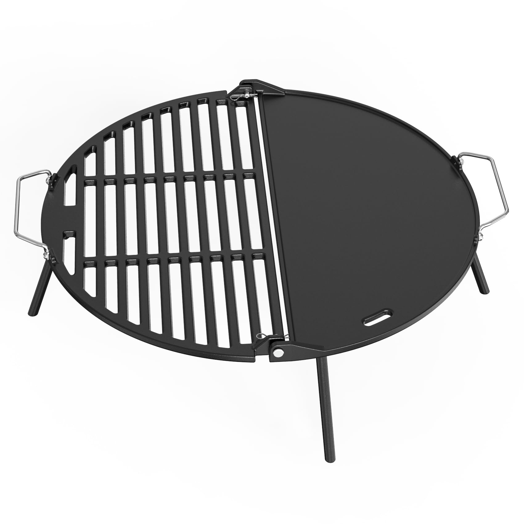 Onlyfire Żeliwna płyta grillowa Solo, bezdymny Bonfire, 49,5 cm, składany grill i płyta grillowa 2 w 1 z kubkiem tłuszczu do grilla na podwórku i na świeżym powietrzu