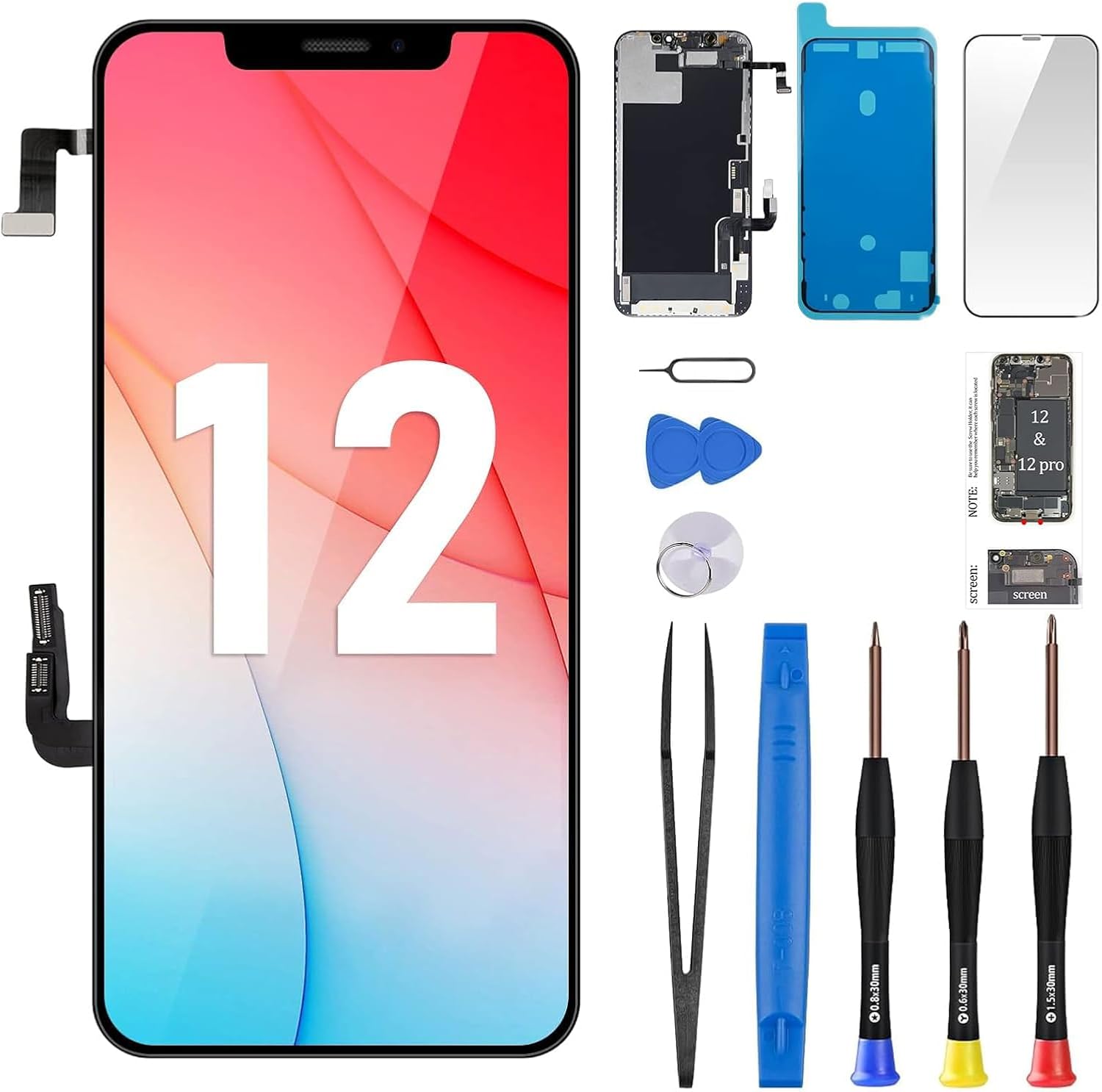 for iPhone 12/12 Pro Screen Replacement 6.1" (Model A2172 A2402 A2403 A2404) Full Assembly with Ear Speaker Proximity Sensor LCD 3D Touch Display Digitizer Fix Glass Tools Repair Kits
