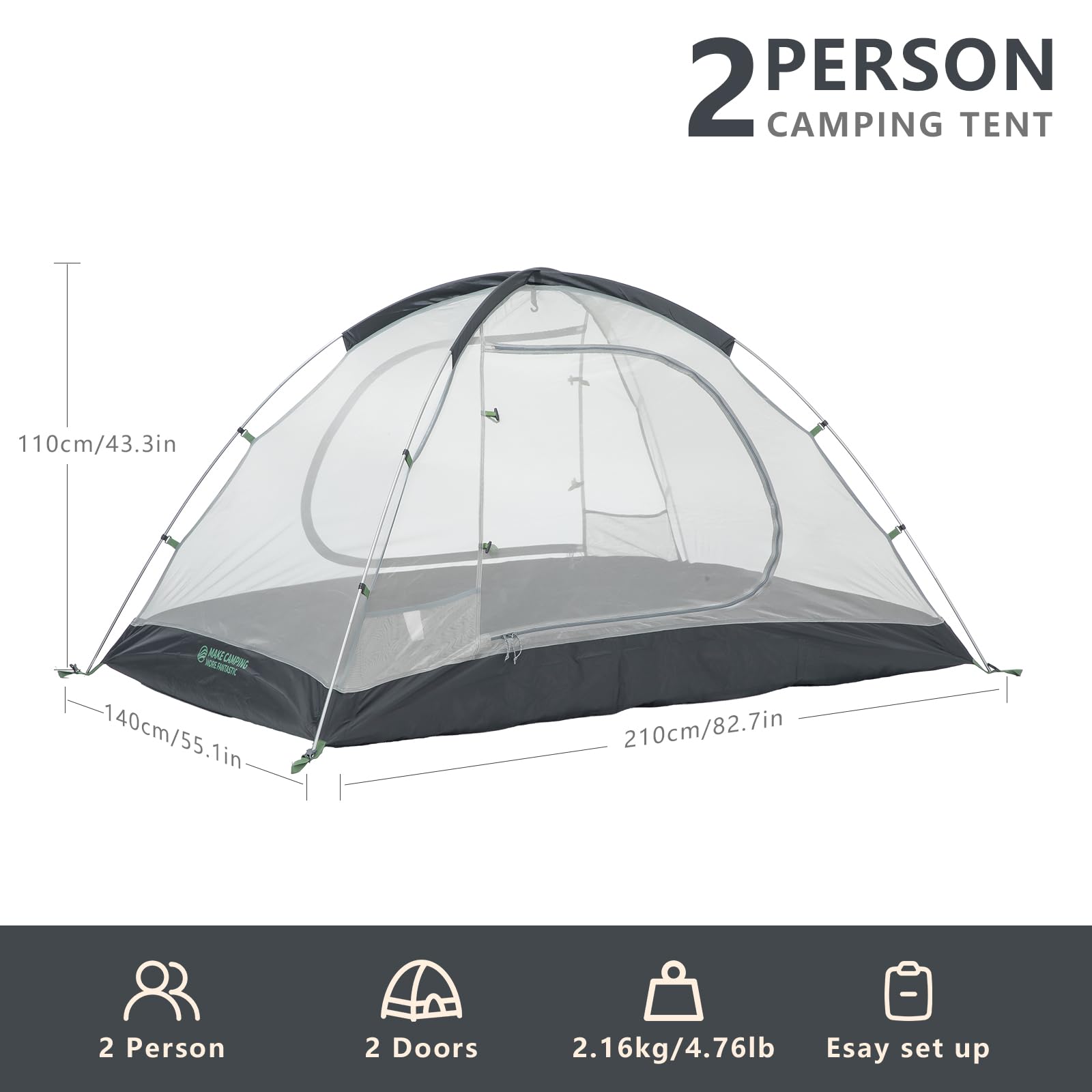 BISINNA Tienda de Campaña Cúpula 2 Personas 3-4 Estaciones | Impermeable y Resistente al Viento | Ultraligera y Compacta para Camping, Senderismo, Festivales