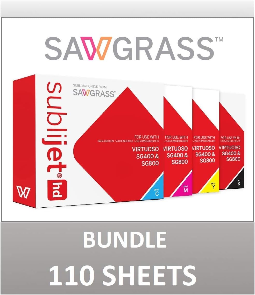 SUBLIJET HD Ink Cartridges for Sawgrass Virtuoso SG400/SG800 - COMPLETE SET (CMYK) - WITH 110 SHEETS OF SUBLIMATION PAPER - EVENTPRINTERS BRAND (Made in Japan)
