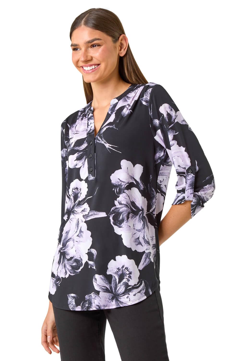 Roman Women's Lilac Floral Print Notch Neck Top Size 12