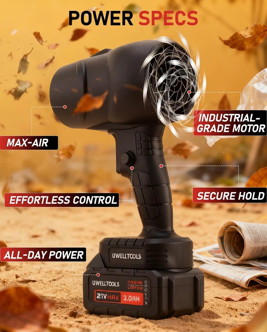 Cordless Leaf Blower - 350000 RPM Handheld Design Leaf Blower with 2 X 3.0AH Batteries & Fast Charger, Lightweight Dust Blowers for Snow, Lawn, Yard, Patio, Deck Cleaning-Black - Image 3