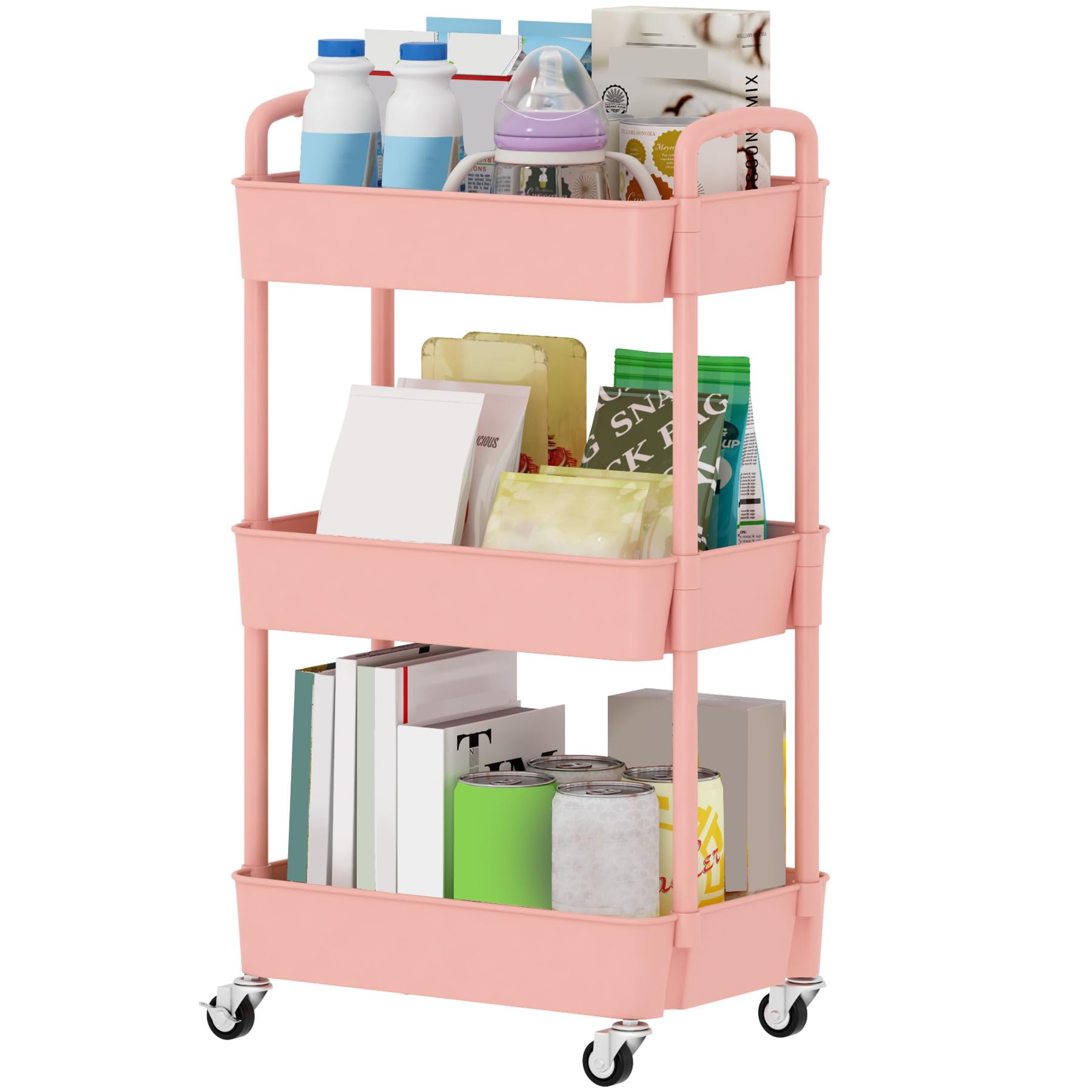 3-Tier Plastic Rolling Utility Cart with Handle, Multi-Functional Storage Trolley for Office, Living Room, Kitchen, Movable Storage Organizer with Wheels, Pink