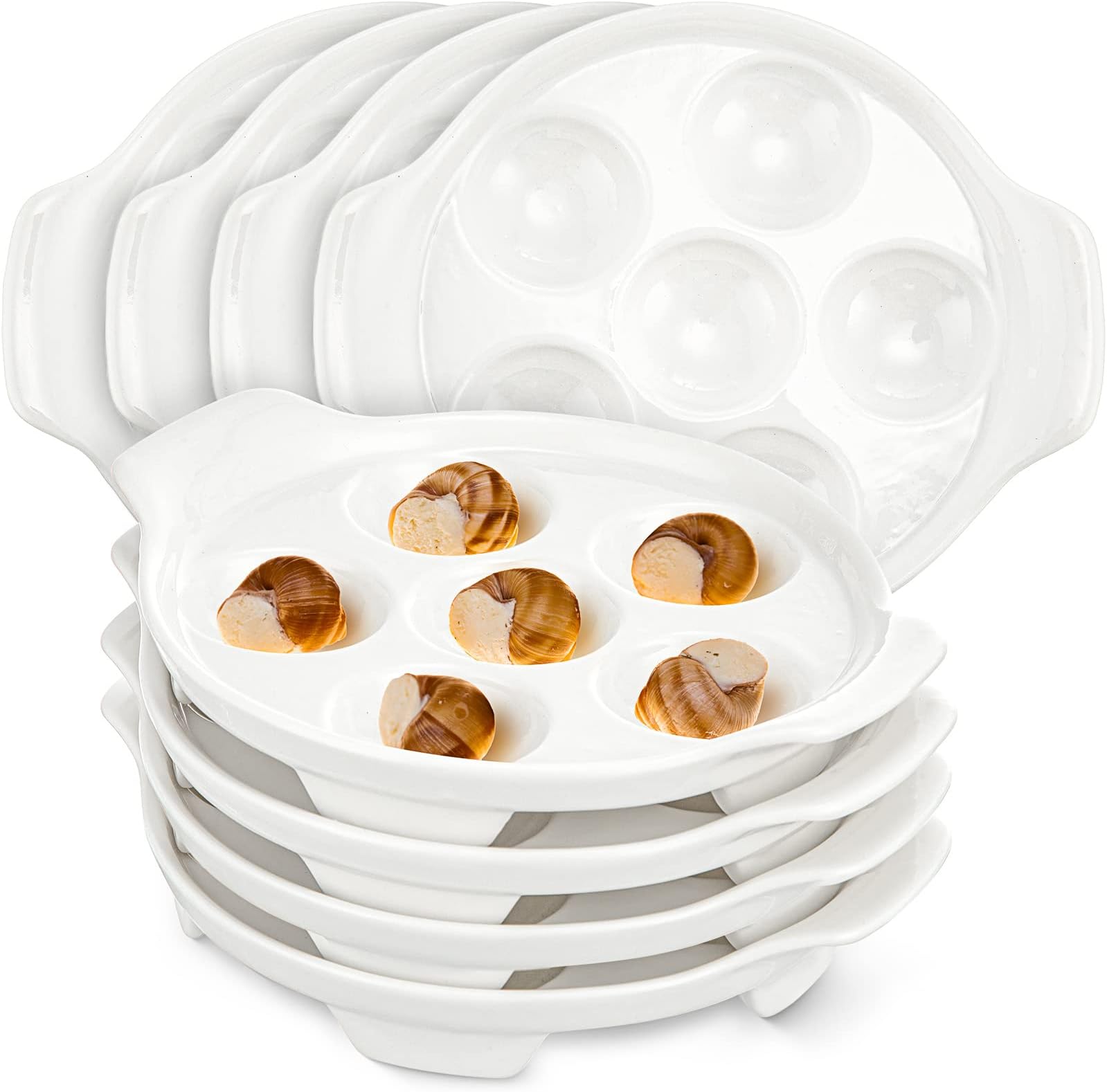 Xinnun 8 Pieces Ceramic Escargot Plates Bulk White Escargot Baking Dish with 6 Holes Footed Porcelain Snail Plate Oven Safe Ceramics for Mushroom Seafood Home Restaurant Hotel Kitchen