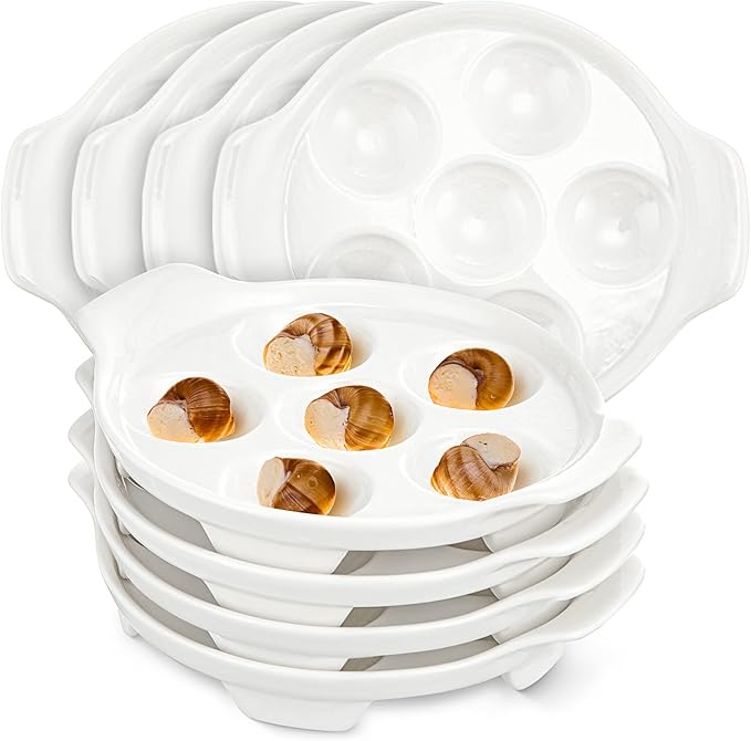 Xinnun 8 Pieces Ceramic Escargot Plates Bulk White Escargot Baking Dish with 6