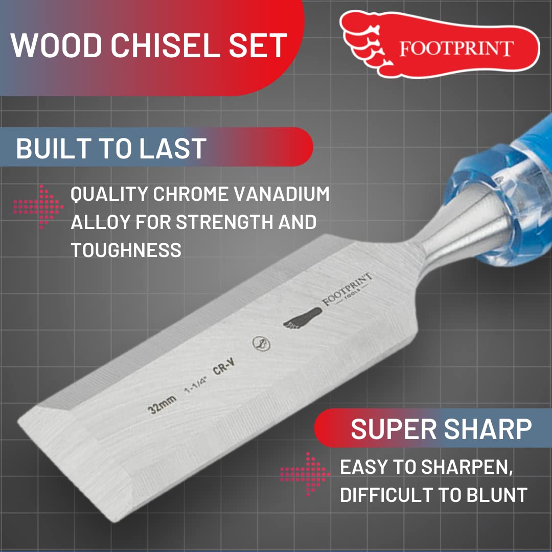 Footprint Lot de 5 burins à bois en chrome vanadium avec plaque de frappe pour marteaux en acier pour couper les mortaises/coins, raser ou racloir. Outils essentiels pour le travail du bois.