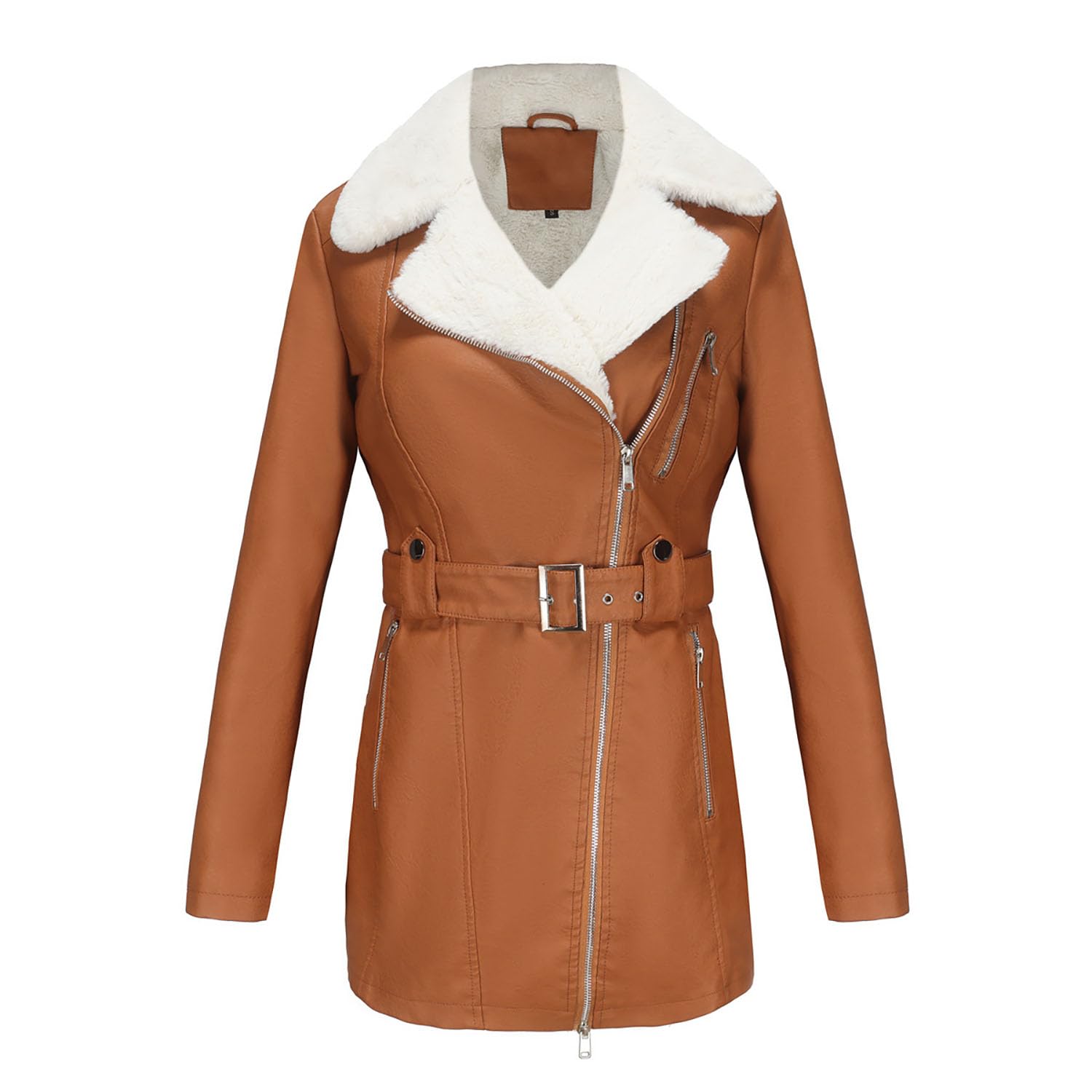 Damen Moto Biker Jacke Aus Kunstleder Langärmlig mit Gürtel Reißverschluss Sherpa-gefütterter Trenchcoat Lässige Oberbekleidung
