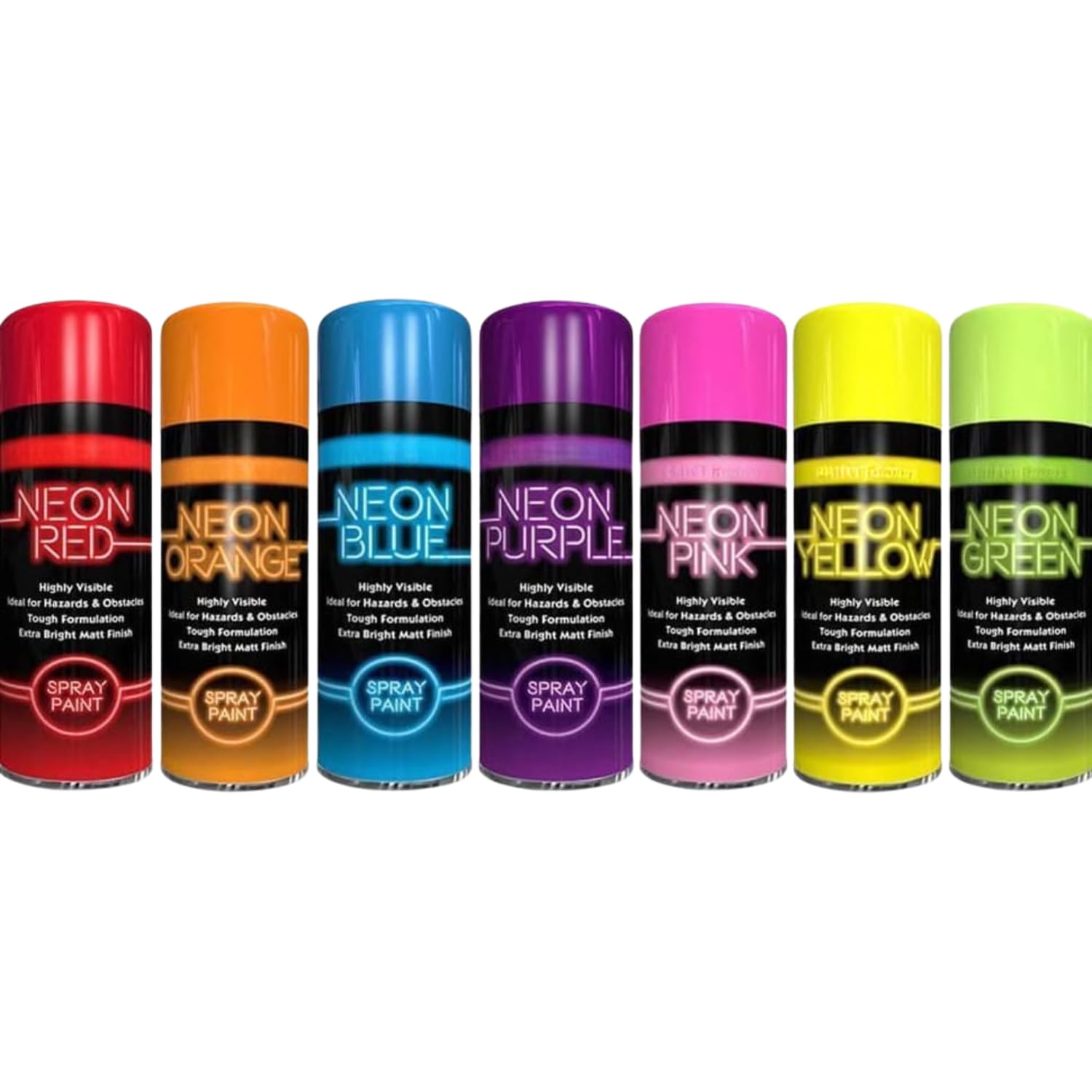 Inspired Essentials 7 x Fluorescent Bright Neon Spray Paint Aerosol DIY Graffiti Extra Bright Assorted Colours Paint Blue Green Orange Pink Yellow Red Purple 200ml
