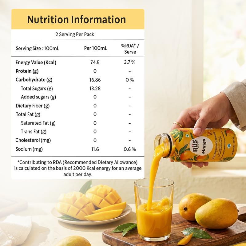 Image of Rus Organic Mango Juice | Natural Fresh Alphonso Mango Fruit Juice | Cold-Pressed | Pack of 8 (250ml Each) | No Added Sugar or Preservatives | Rich in Antioxidants | Refreshing Drink