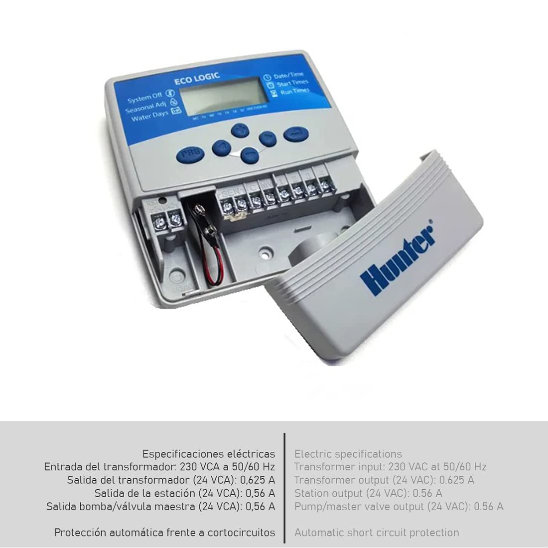 Kit di irrigazione completo 24 V con programmatore elettrico Eco Logic Hunter a 4 stazioni per un sistema preciso ed efficiente.