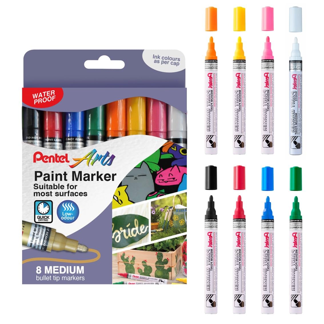 Pentel MMP10 Paint Marker Wallet, Medium 4.5mm Bullet Tip, Standard Colours (8 Marker Pens)