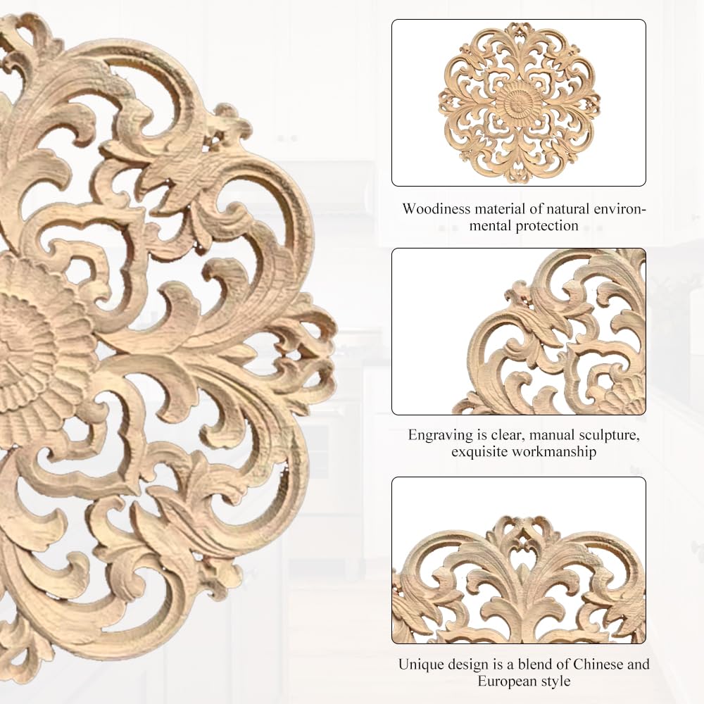 2 Decorazioni In Legno Intagliato A Mano - Appliques Rotonde 20cm In Rovere - Foto 4