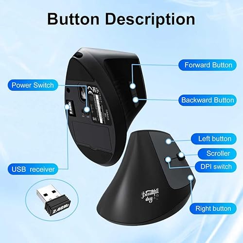 Miniatura 8 de Ratón ergonómico Bluetooth, mouse vertical inalámbrico recargable para túnel carpiano con conexión USBC y BT 5.0/3.0 y 2.4G, silencioso, fácil de
