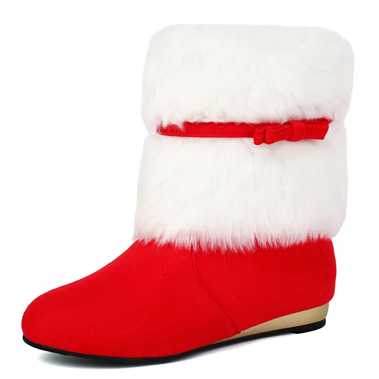 KiutSymo Womens Furry Christmas Ankle Boots Round Toe Low Heel Bow Suede Comfortable Warm Fur Winter Booties Snow