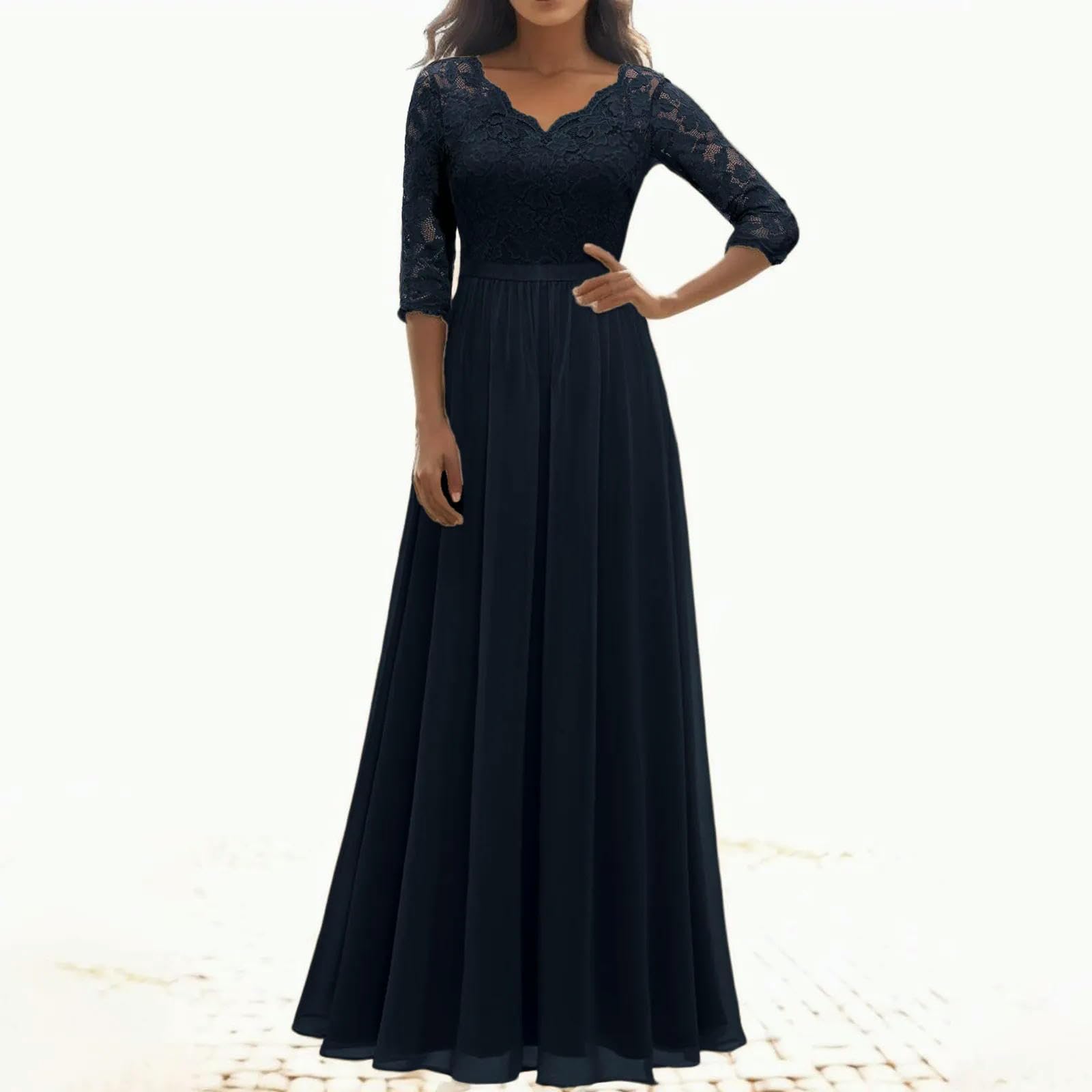 Elegante Vestido de Gasa de Encaje para Mujer, Vestido Largo Liso de Manga 3/4, Hueco, de Fiesta Grande, Corte A, Vestidos Formales para Bata de Invitados de Boda-Beige-L