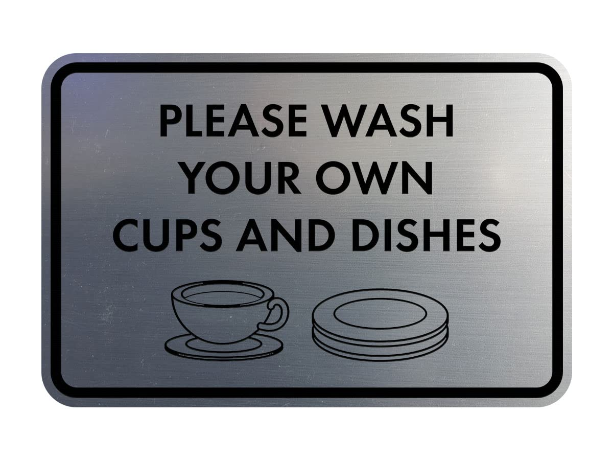 Targa Classica Incorniciata Con Scritta "Please Wash Your Own Cups And Dishes", Colore: Argento Spazzolato, Grande-image