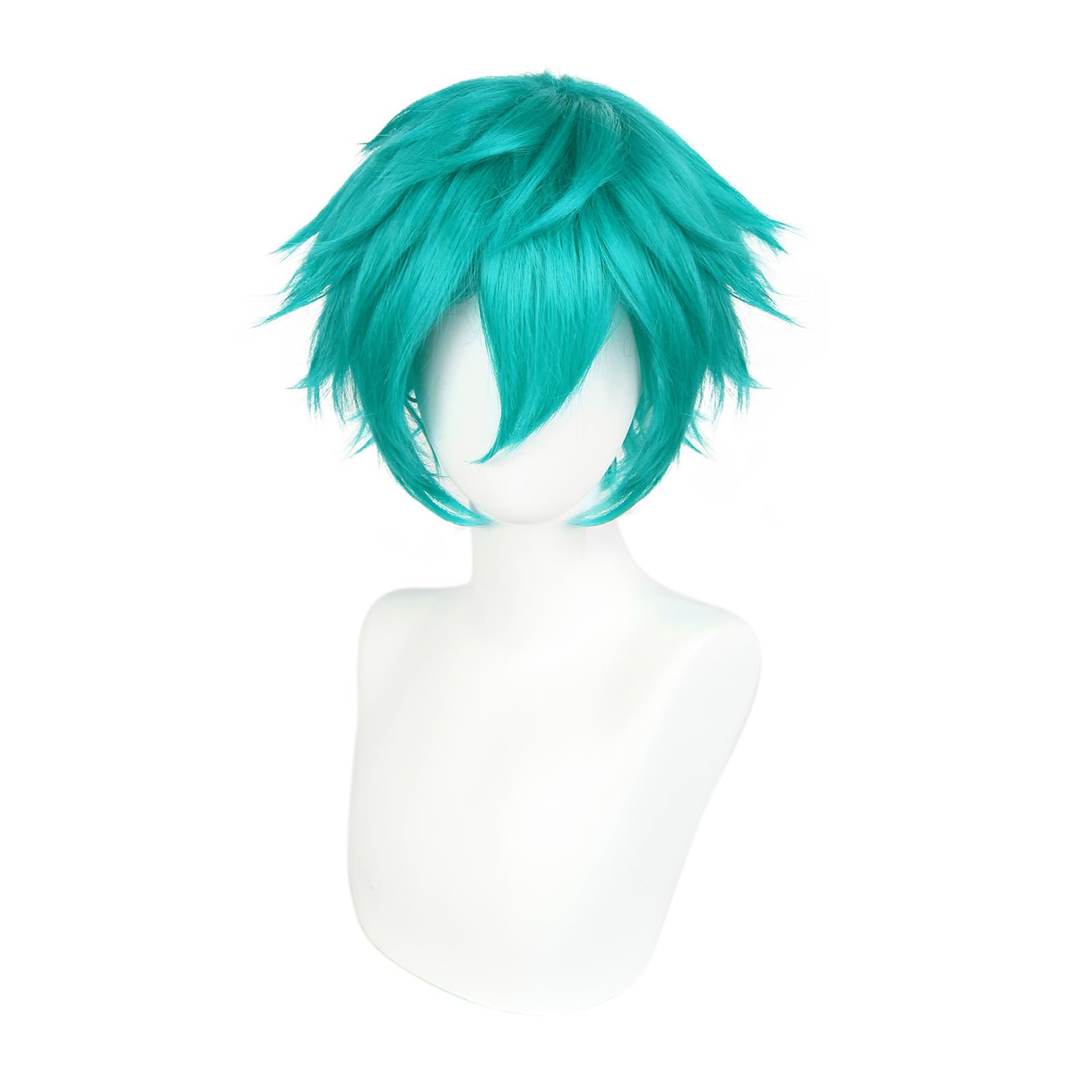 BEKIDER+1 Hair Cap Short Teal Green Wig for Men Teal Green Wavy Wig with Bangs for Halloween Christmas Event Costume Party - Image 2