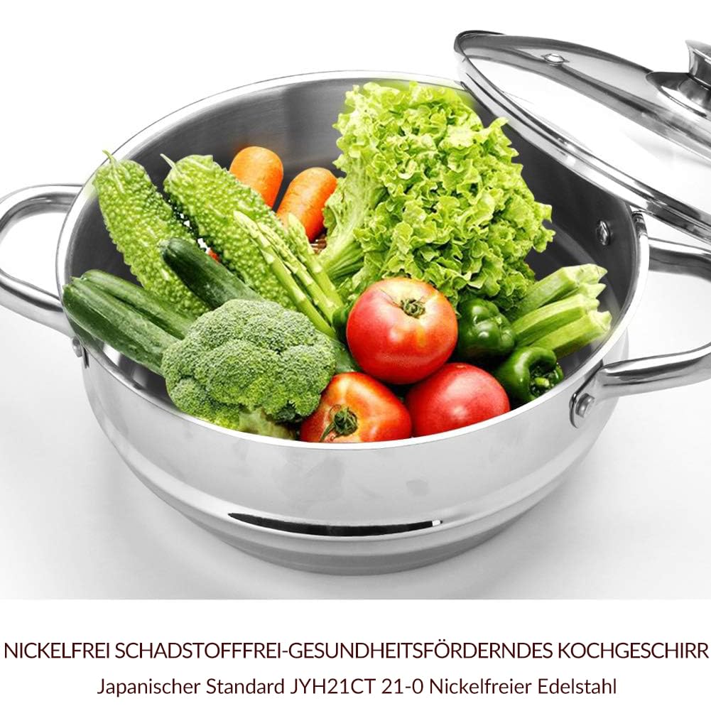 HOMICHEF 3-teiliges Dampfgarer-Set aus nickelfreiem Edelstahl, Dampftopf mit Dampfgitter & Deckel, passend für Töpfe Ø20 cm, Ø23 cm, Ø24 cm, schonendes Garen von Gemüse & Vollwertkost
