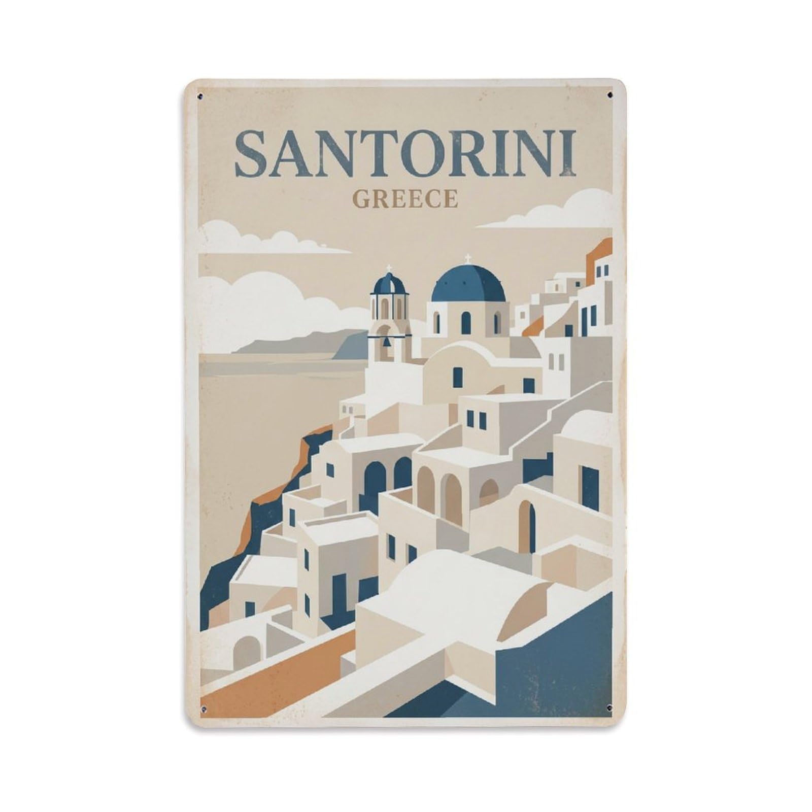 Fyrn Style Metal Tin Sign Vintage Travel Santorini Greece Whitewashed