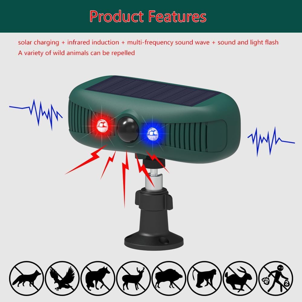 Sensor de movimiento de alarma solar exterior, 2 x 129 dB sirena de seguridad fuerte, 4 modos, luces de flash rojas y azules activadas por movimiento, los intrusos huyen rápidamente