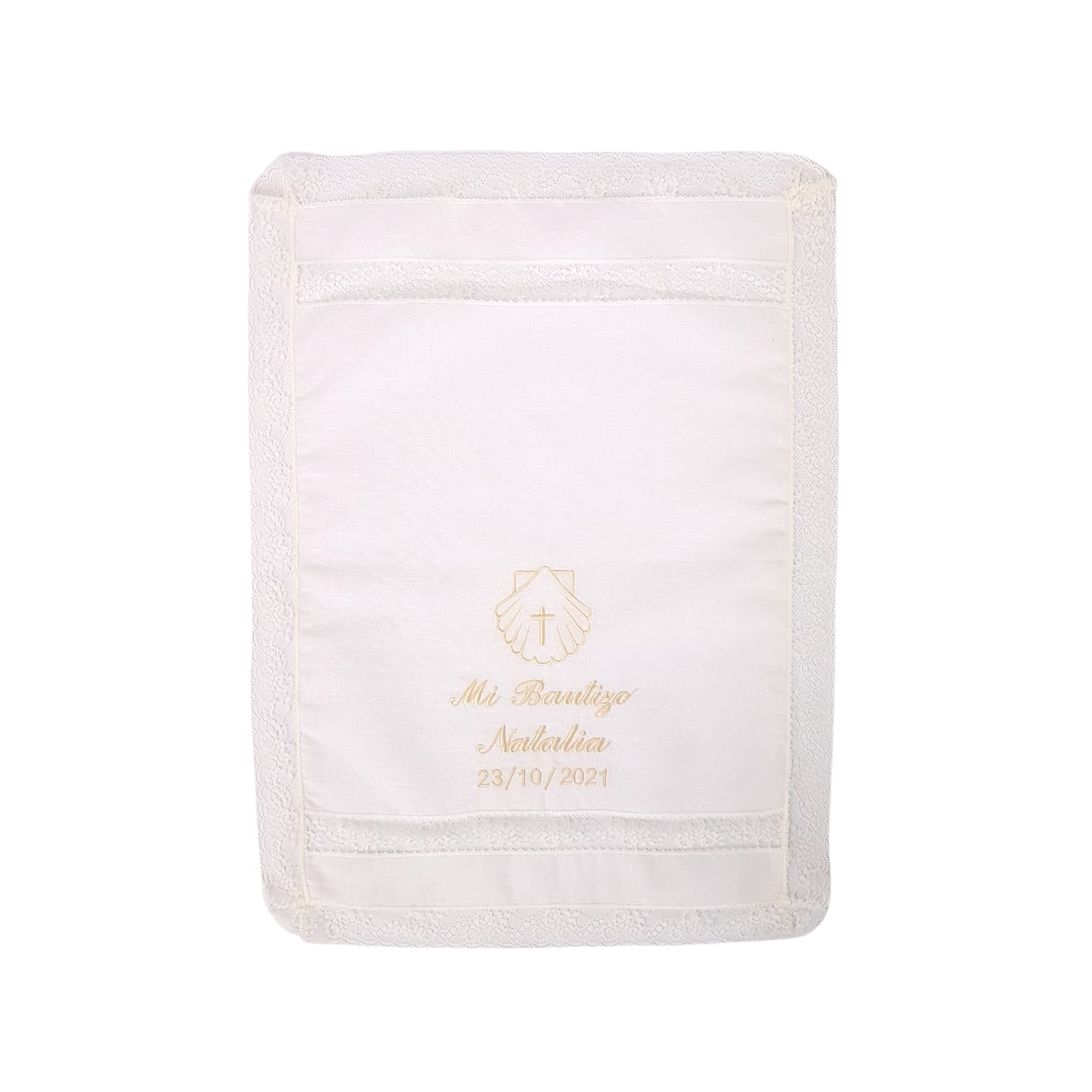 Kit de vela y pañuelo personalizado para bautizo – Pack de vela decorada para Bautizo y Paño bordado con nombre y fecha del Bautismo - Modelo París (Camel)