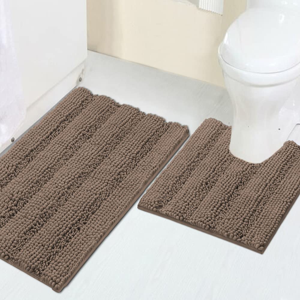 Chenille Bathroom Rugs Set Non-Slip Bath Mats for Bathroom Super Absorbent Shaggy Rugs for Tub Shower Toilet Soft Bath Rug Plus U Shaped Contour Rug (Standard: 20" x 32" and 20" x 20" U), Taupe Brown