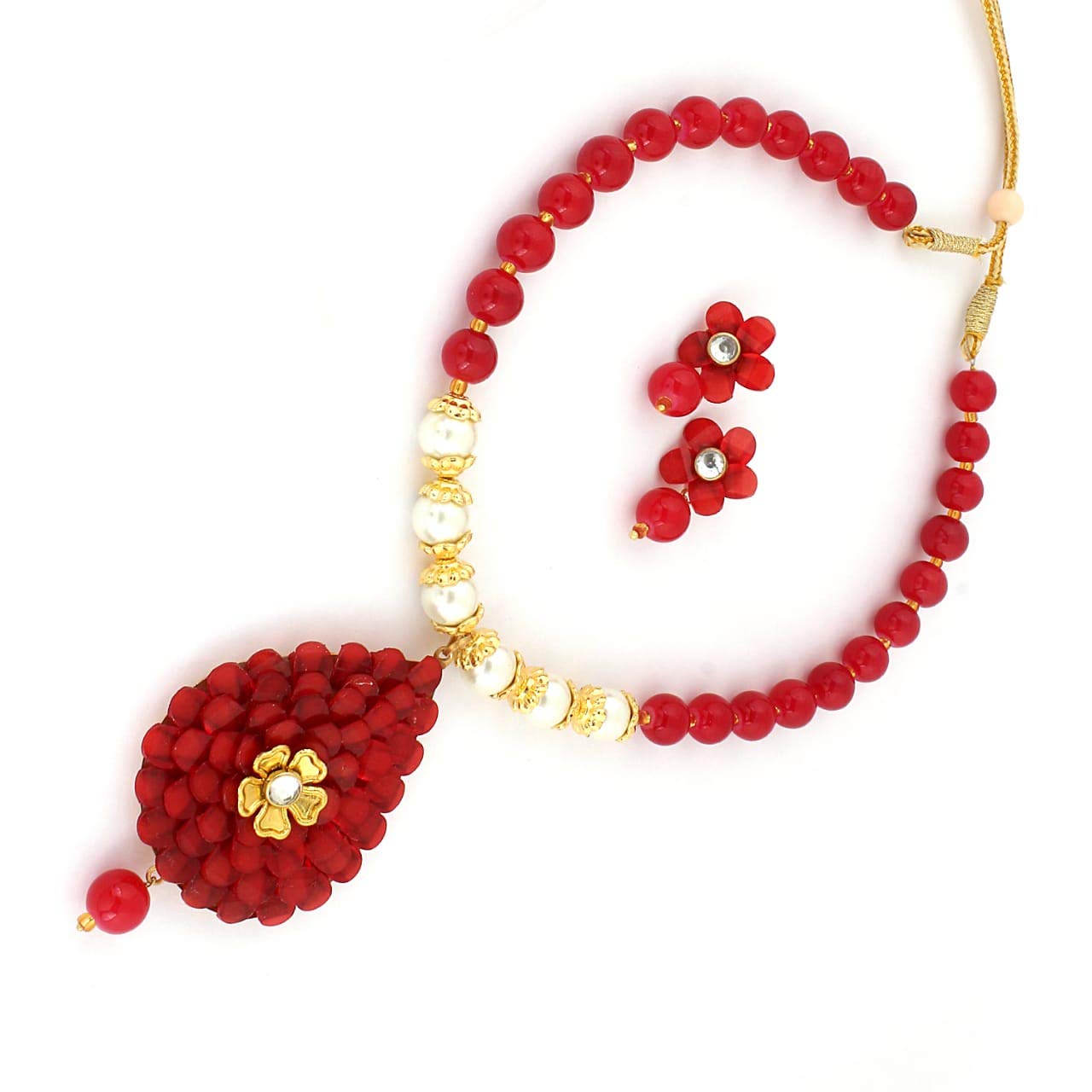 AHOORA Ethnic Floral Pendant Brass Red Glass Beads Fancy Necklace with Earrings Set for Women (B08S73J9ZT) Amazon Price History, Amazon Price Tracker