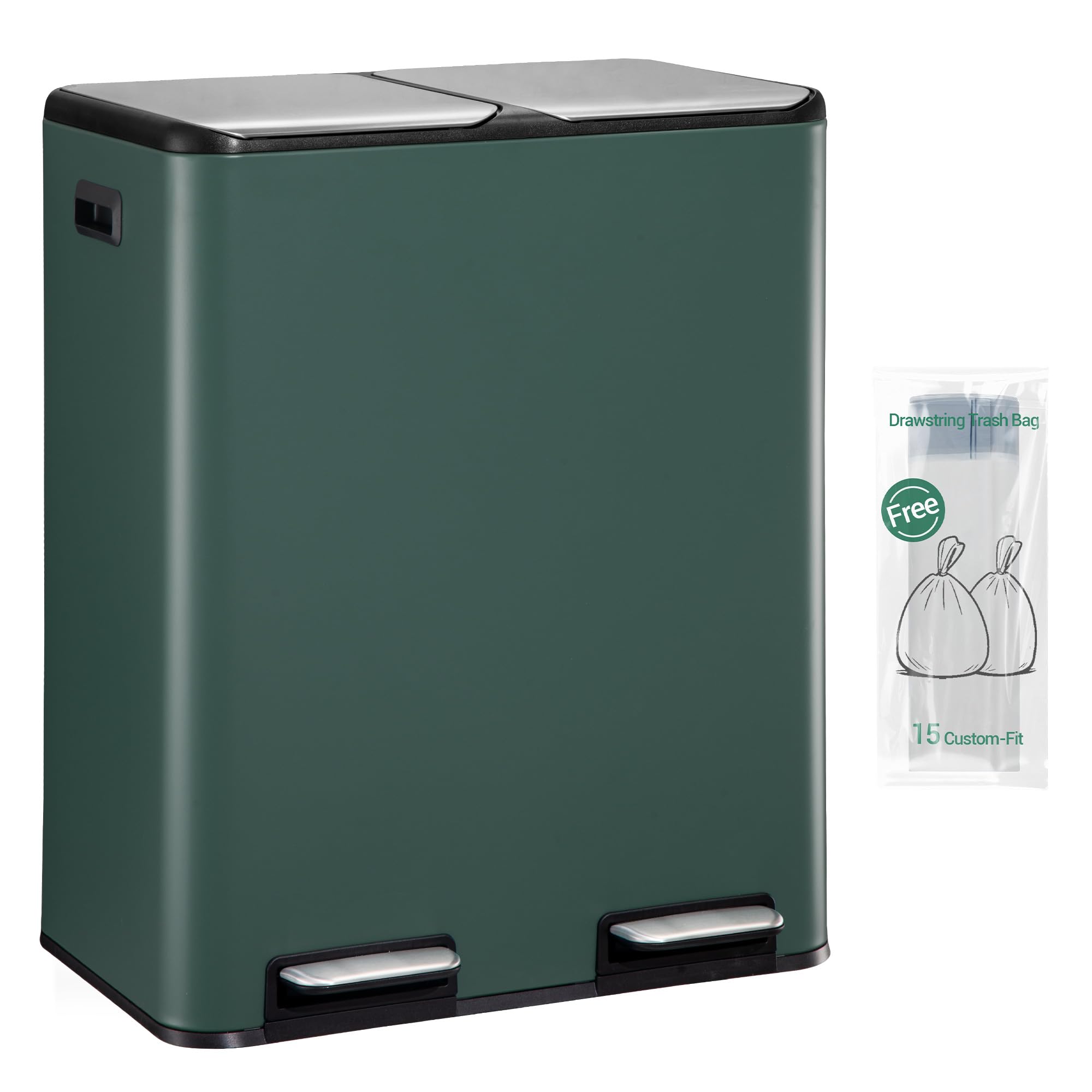 Hzuaneri Kitchen Bin, (2 x 30L) 60L Recycling Bins, Pedal Bin with Lid, Stainless Steel Kitchen Bins Recycling and Waste, Silent Slow-Down Closing Lid, With 15 Exclusive Trash Bags, Green SW06099C — image 1