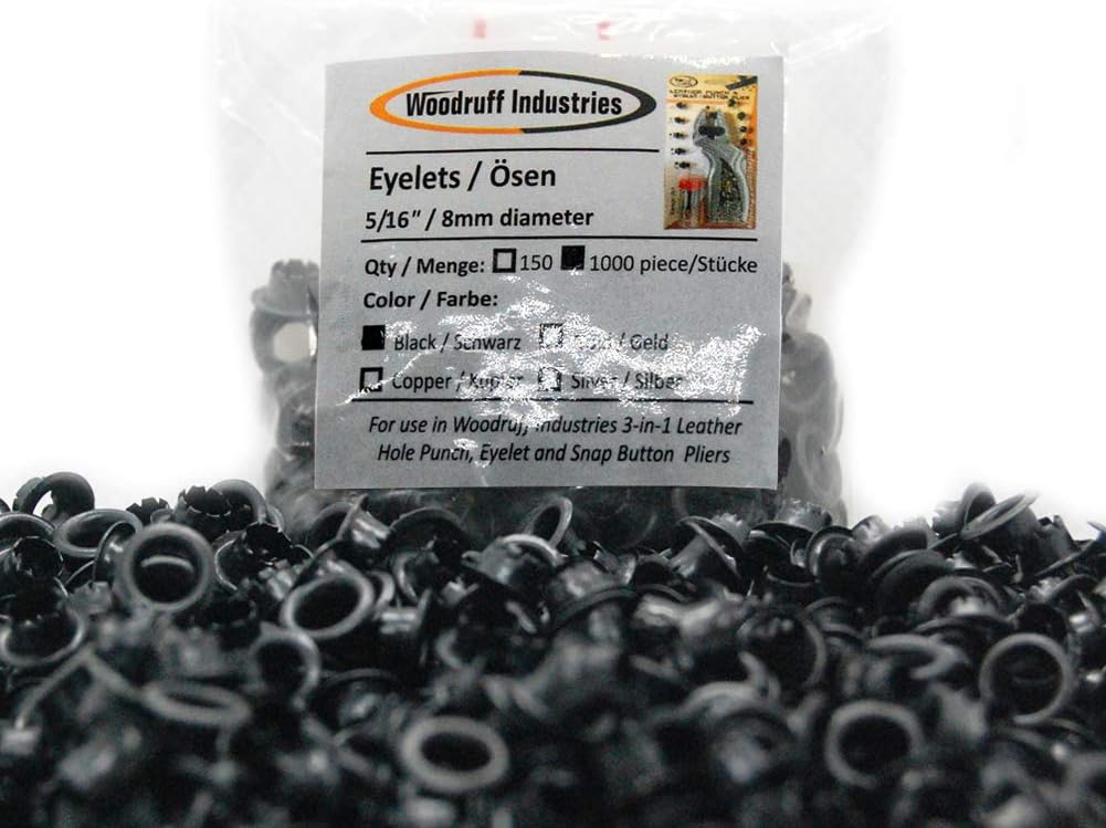 Woodruff Industries 1000 Pieces Black Eyelets for Hole Punch Clothes and Leather Crafts Standard Eyelets 5mm Hole Nickel Plated Iron Metal Grommets for Tarpaulins and Scrapbooking