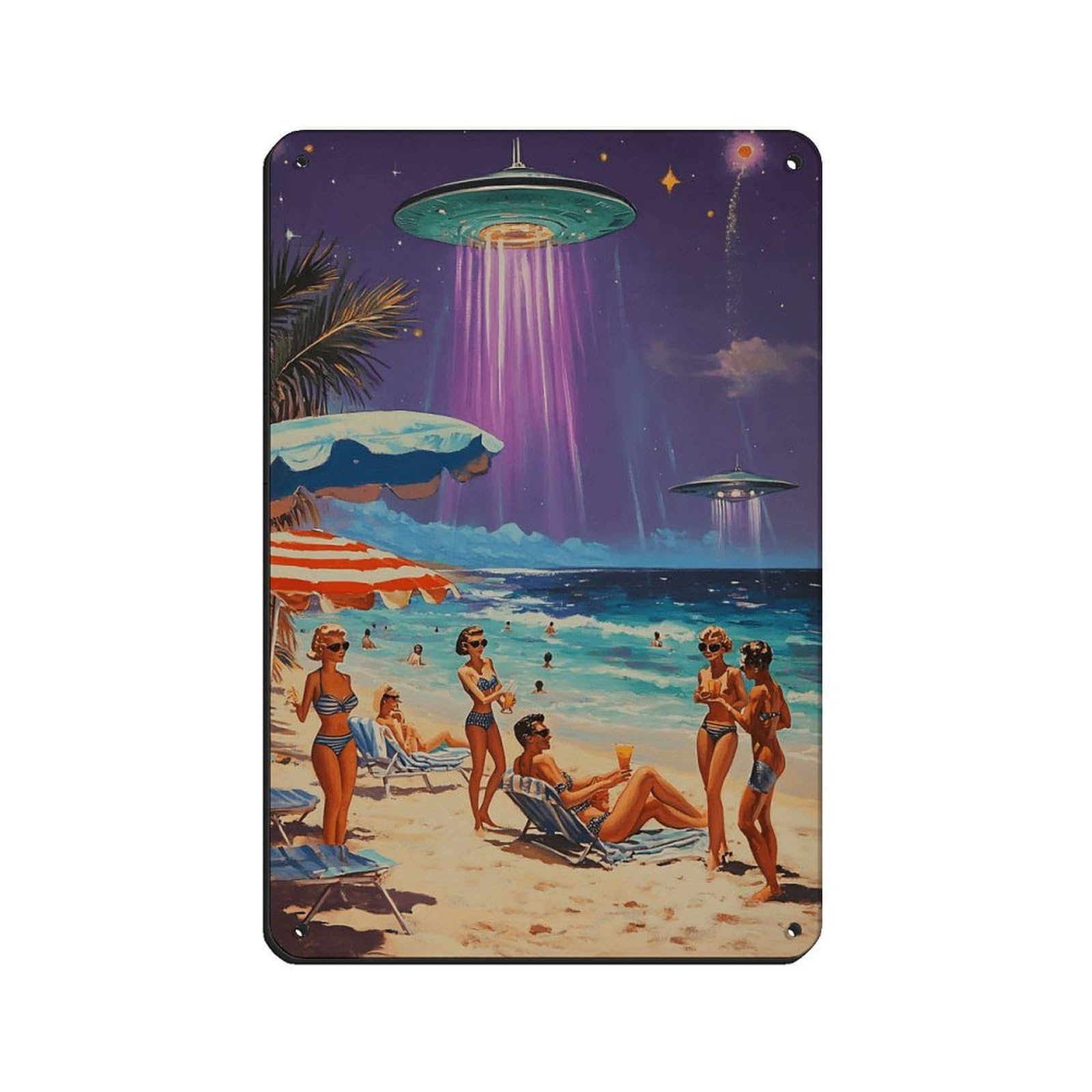 Retro Sci-Fi Beach,UFO Artwork Retro Poster Metal Tin Sign Chic Art Retro Iron Painting Bar People Cave Cafe Family Garage Poster Wall Decoration 8x12inch(20x30cm)