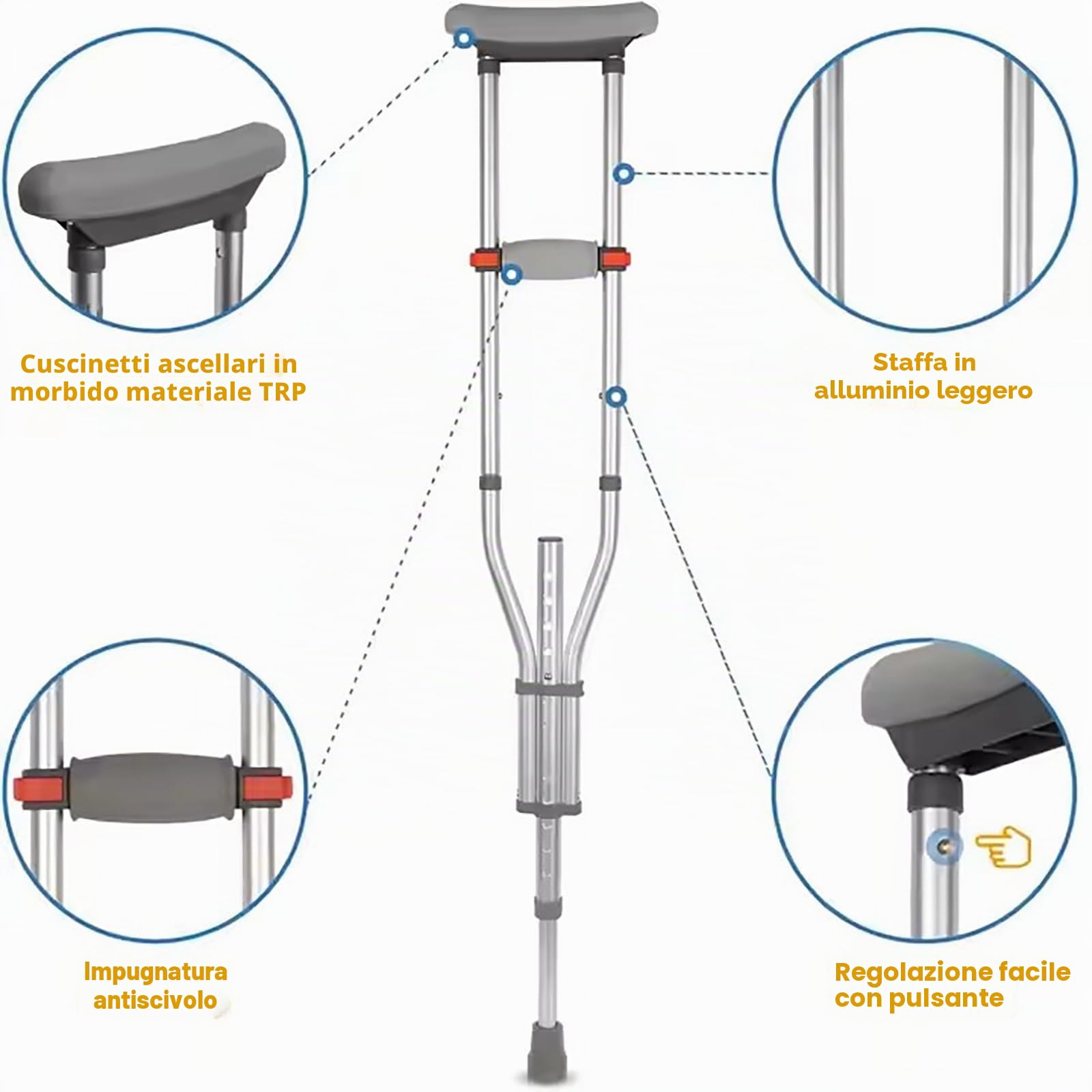 NEWFUN Stampelle Ascellari, Ortopediche Regolabili, Supporti per Avambraccio, Portata 150 KG, in Alluminio con Poggia Avambraccio e Poggia Mano Morbidi, Grigio, 1 Paio