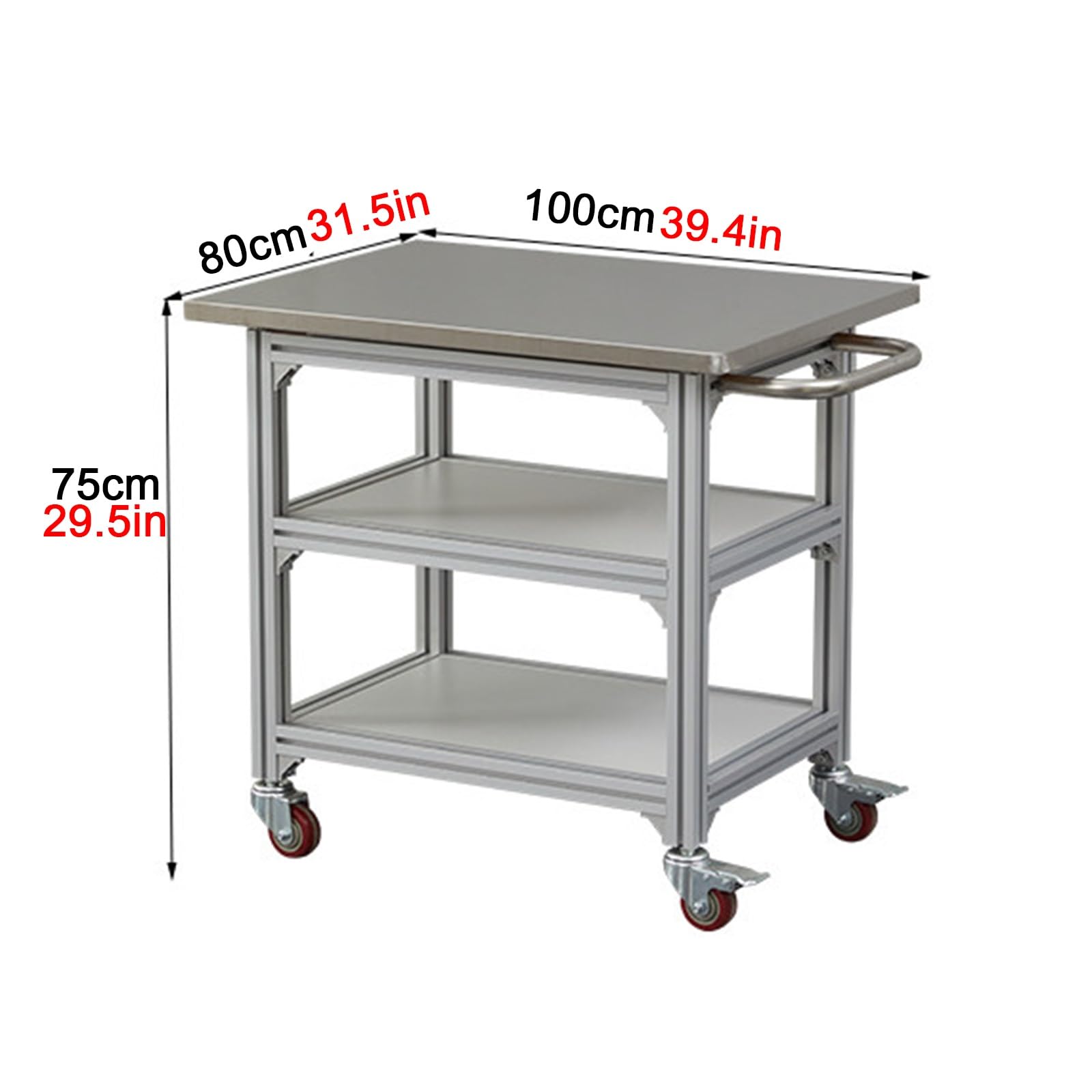 Établi en Acier Inoxydable à Trois Niveaux avec Cadre en Alliage D'aluminium Établis de Cuisine Équipé de roulettes Pivotantes Équipé de Poignées Renforcé par des Vis Adapté en Entrepôt