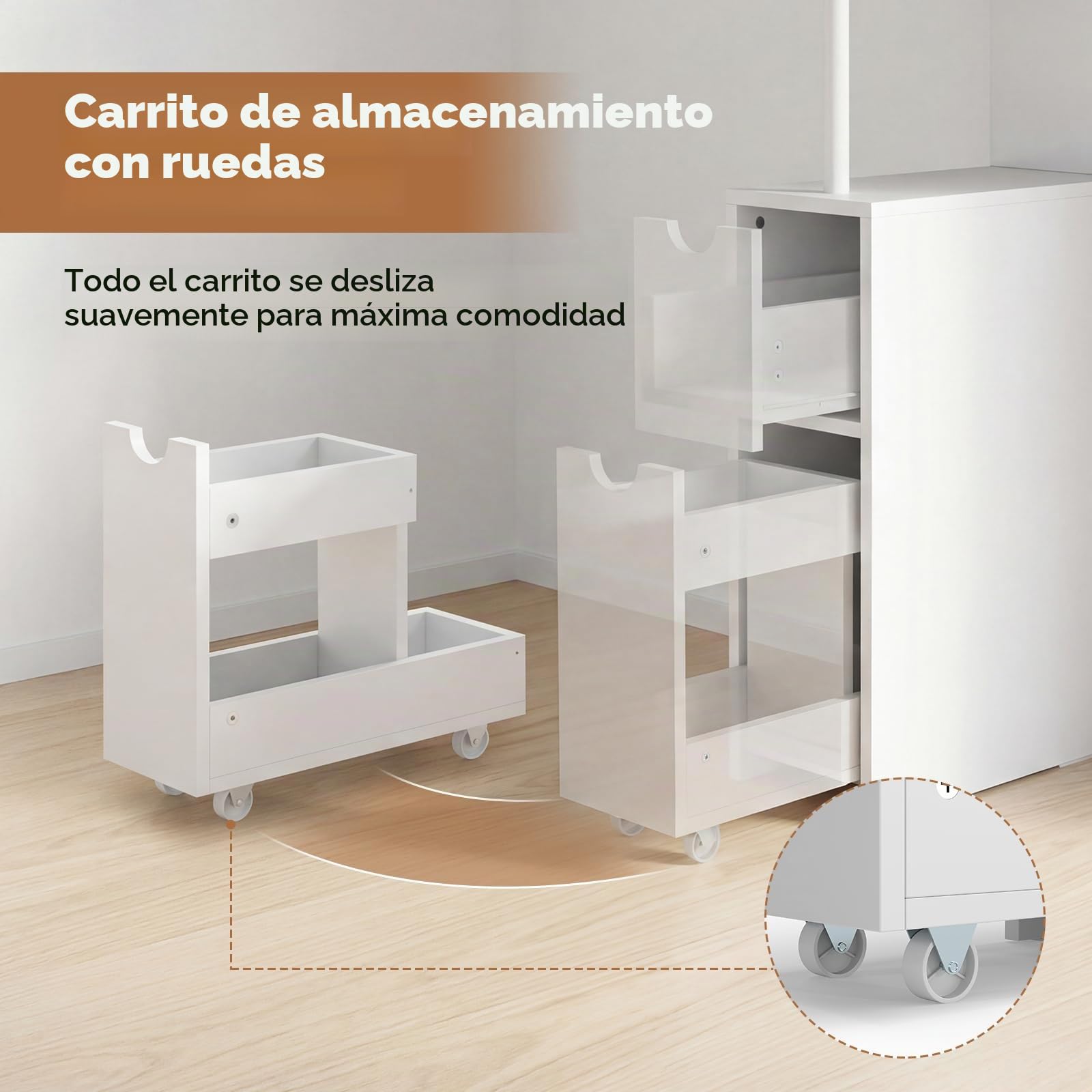 LIFEZEAL Armario de baño estrecho con estantes abiertos y cajón con ruedas, armario lateral alto, armario de almacenamiento independiente para salón y cocina, color blanco