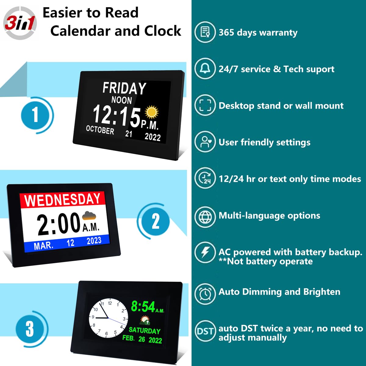 Reloj digital con fecha y hora que habla por voz, reloj calendario grande de 11.5 pulgadas para demencia, DST automático, 20 recordatorios personalizados, brillo ajustable, alarmas fuertes, batería de
