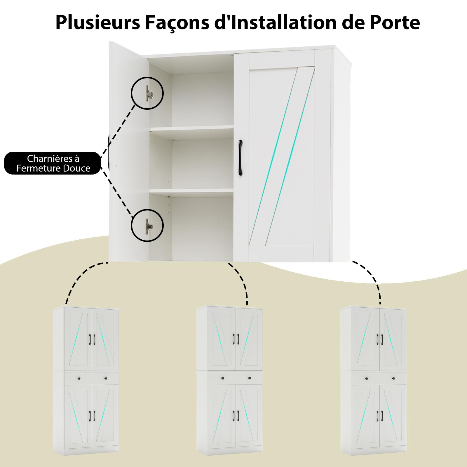 COSTWAY Armoire de Rangement 183 cm, Armoire Chambre 4 Portes avec Grand Tiroir, 3 Étagères Ajustables, Style Porte Grange Moderne, 2 Kits Anti-Basculement, pour Salon, Salle de Bain (Blanc)